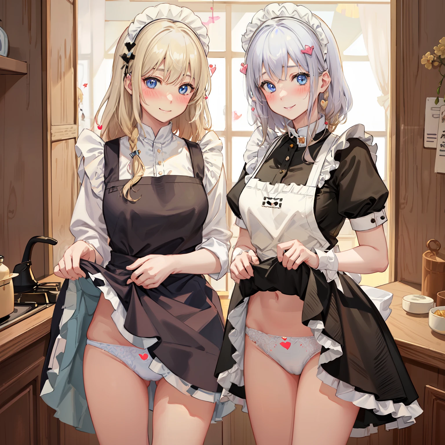 highest quality、masterpiece、((2 girls))、((smile:1.3))、(blush:1.3)、Black Shirt、blouse、((fun!!))、(Small breasts)、(One-strand braid)、(Blonde)、()、((White apron:1.5))、((Maid))、((hair ornaments)),、Kamimei、look at me、 ((in house:1.5))、 Taking a break from watching the audience、Cowboy Shot、(Skirt lift:1.3),(Highly detailed white panties:1.3)、(Highly detailed panties:1.3)、、(スカート that rolls up:1.3)、(Panties fully exposed:1.5)、Light blue eyes、long hair、((spoken heart:1.5))