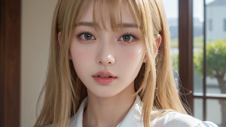 (long cut hair, Blonde Hair, bangs:1.2),(Wearing a blouse:1.2),1 girl,Japanese,28 years old,(Small breasts:1.3),(highest quality,masterpiece:1.3,超A high resolution,),(Ultra-detailed,Caustics),(Photorealistic:1.4,RAW shooting,)Ultra-Realistic Capture,Very detailed,High resolution 16K human skin close-up。 Natural skin texture、,Pores、、It needs to be detailed enough to be easily identifiable。 Skin should be even-toned and healthy looking。 Use natural light and colour, Sad expression, Looking at the camera, Perfect dynamic composition, Inside the church