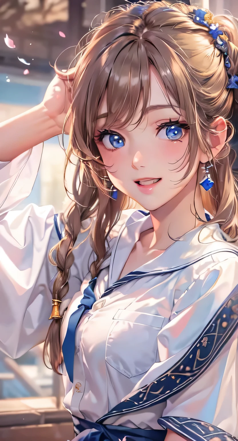 ((highest quality)), ((masterpiece)), (Get used to it), Perfect Face , masterpiece、highest quality、High resolution、High-quality images、8k, 1 female、Skin Radiance、Texture of skin and clothing、Expression of fine eyes、shiny light brown hair,Girl with long braided hair, Manga inspired by Lee Jong-suk, Trending on deviantart, realism, detailed manga style, Manga art style, Perfect Line Drawing, Beautiful line art, digital manga art girl, K-POPアイドル, Beautiful Blue Eyes, Lips become thicker, Gorgeous face with attention to detail, (Cute Smile), charm, Innocent, Side view, (Perfectly detailed face), (Beautiful Hands) Photorealistic images, Written boundary depth, 20th Generation ,beautiful girl , Medium Chest ,((Show off your thighs))、(Japan uniform)、(Wearing a white shirt)、((navy blue micro mini skirt))、(Flipping skirt)、Summer clothes、Light Smile、Sit on、(Spread your legs)、Pause、(School classroom)、highest quality、Photo Real
