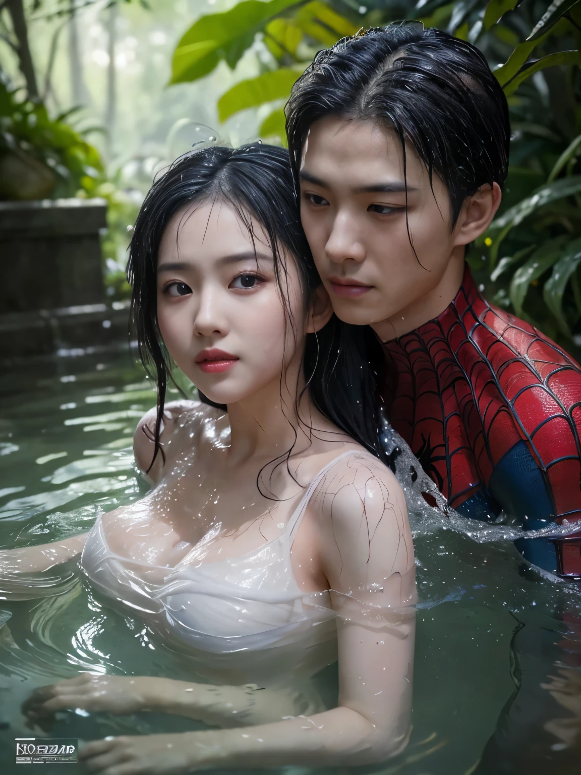 (the concept of bathing together with your lover), perfect face, hyper realistic face, realistic eye, perfect eye, realistic lips, (hyper realistic photo:1.7), best photo quality, A pair of lovers, a man (spiderman/handsome man) and a female (perfect beauty Asian woman, huge breasts, realistic body, realistic face, perfect face) are bathing together in a small, rickety hut in the forest, they are soaking wet, fully clothed, not naked, they are both wet, wearing a dress made of water, portrait of a photo, absolutely outstanding image, water fairy, Asian and male spiderman, unbuttoned, wearing a spiderman custom cosplay, female studnt, male superhero spiderman, splashing, realistic photo, ((drenched)), ((soaked)), looking at viewer, sultry, beckoning to viewer, water dripping, oil drenched clothes, 8k, alluring, (((heavy wet body))), see through, bright sunshine, sunny day, depth of field, close up, UHD, highly resolution, expert photography, (take a shower with the spiderman, marvel), (wet slimy)