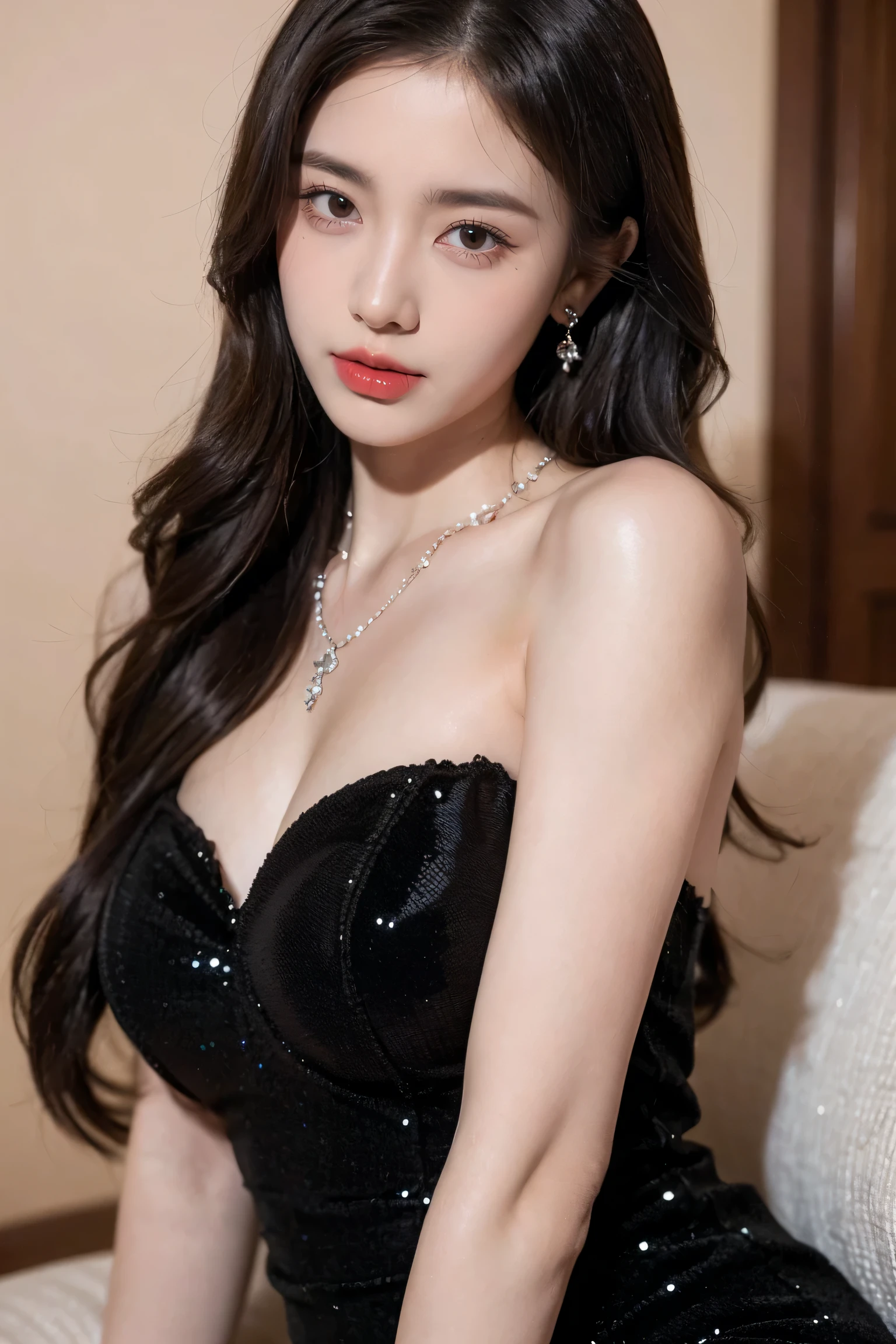 Top CG, Highest image quality, masterpiece, Gentle and beautiful girl, (185cm美女), (fit), Imperial sister, Queen temperament, White skin, ((Long legs)), perfect facial features, Bright Eyes, Seductive pose, Red lips, Beautiful and cold (A major breakthrough)), Beautiful and heroic, Soft and long hair, sparkling, Lace, net, Visible through clear skin, wear glasses, diamond earrings, ruby neckLace, (Black evening gown), 8K Image Quality, (Realistic Portraits), Characters fill the screen, (Facial lighting), ((eternity)