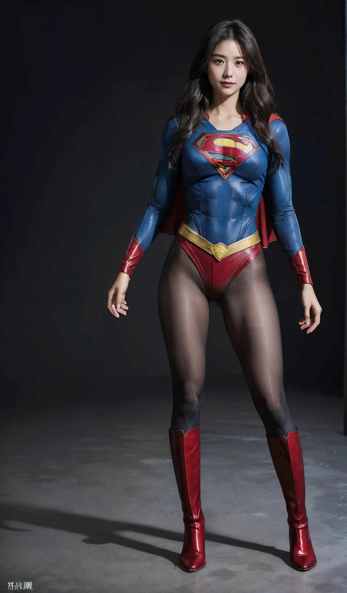 No background、(((Beautiful legs in black tights.)))、(((Legally express the beauty of your smile)))、((((Make the most of your original images)))、(((Supergirl Costume)))、(((Beautiful Hair)))、(((suffering)))、(((Please wear black tights....、Wear red boots)))、((Best image quality、8K))、((highest quality、8K、masterpiece:1.3))、(((Preserve background )))、Sharp focus:1.2、Beautiful woman with perfect figure:1.4、Thin abdominal muscles:1.2、Wet body:1.5、Highly detailed face and skin texture、8K