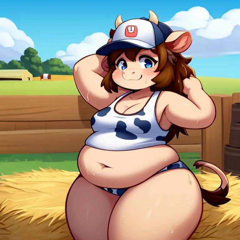Solo female, cow, bovine, wide hips, chubby, thick thighs, flirty, cute, tank top, snapback hat, carrying hay bale, sweating, country, farm, southern