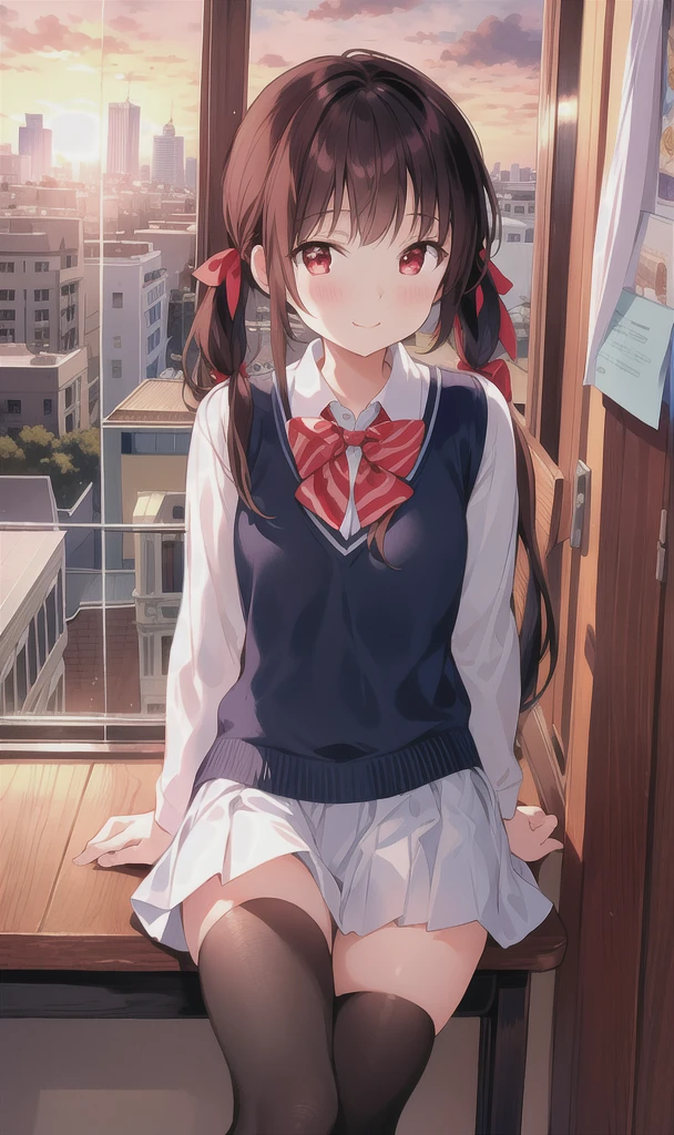 (masterpiece), (best quality), (illustration), (beautiful detailed), (highres), 1girl, solo, looking at viewer,
sitting, 
sunset, (school uniform), 
long hair, red eyes, low twintails,
ribbon, white shirt, (blue) skirt, black thighhighs, 
smile, blush,
indoors, window, [building], classroom, table, chair, (coffee:0.5)