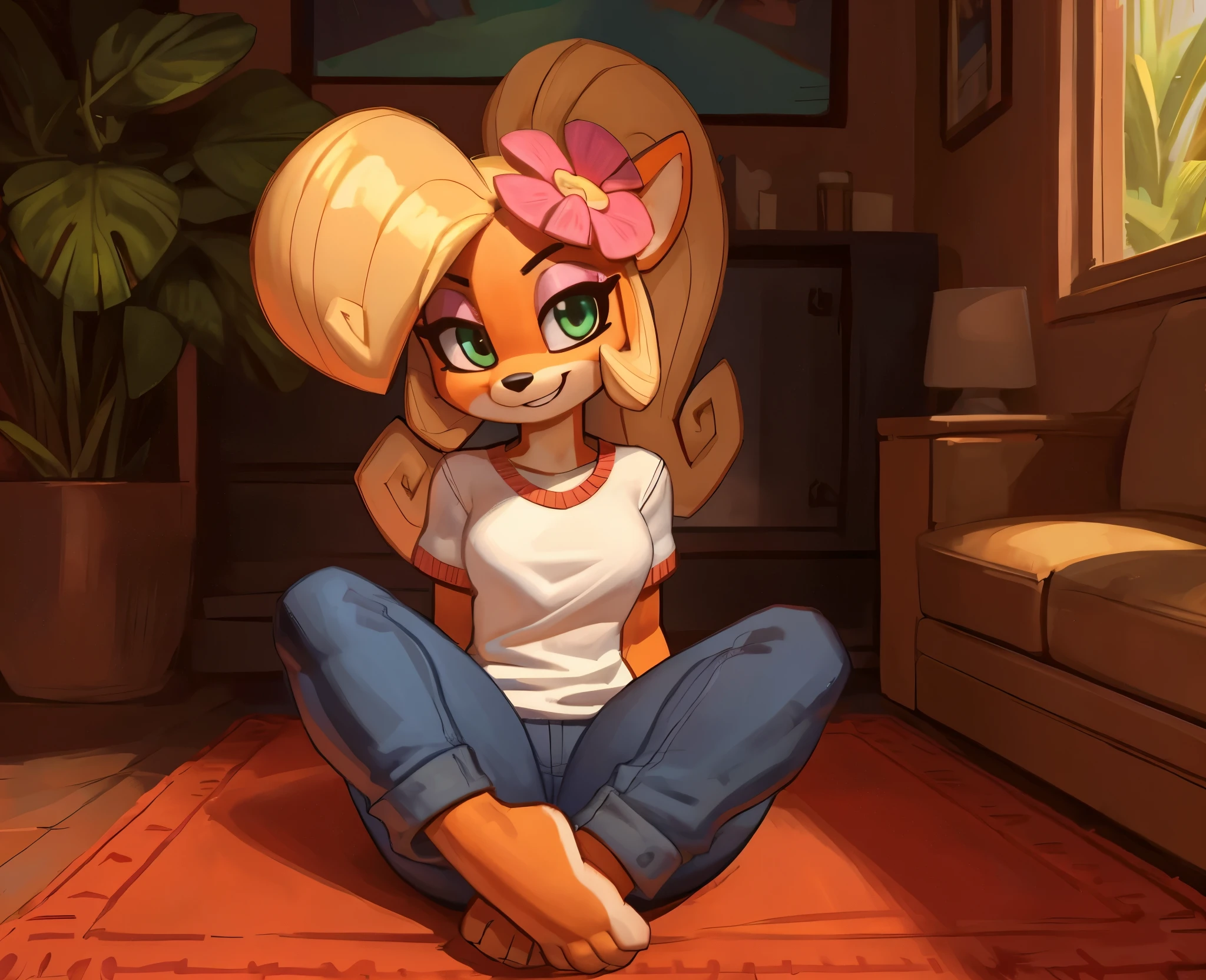 [Coco bandicoot], [Uploaded to e621.net; (wamudraws), (Pixelsketcher)], ((masterpiece)), ((HD)), ((high res)), ((solo portrait)), ((full body)), ((front view)), ((feet visible)), ((furry; anthro)), ((detailed fur)), ((detailed shading)), ((beautiful render art)), ((intricate details)), {anthro; orange fur, black nose, (cute green eyes), (short eyelashes), (pink eyeshadow), blonde curly hair, curly ponytail, (curvy hips), (beautiful legs), (beautiful fee), (cute smirk), (excited expression)}, {(white tee shirt), (tight jeans), (pink flower in hair)}, {(sitting), (on rug), (looking at viewer)}, [background; (tropical forest), (living room), (window), (blue sky), (sun rays), (ambient lighting)]