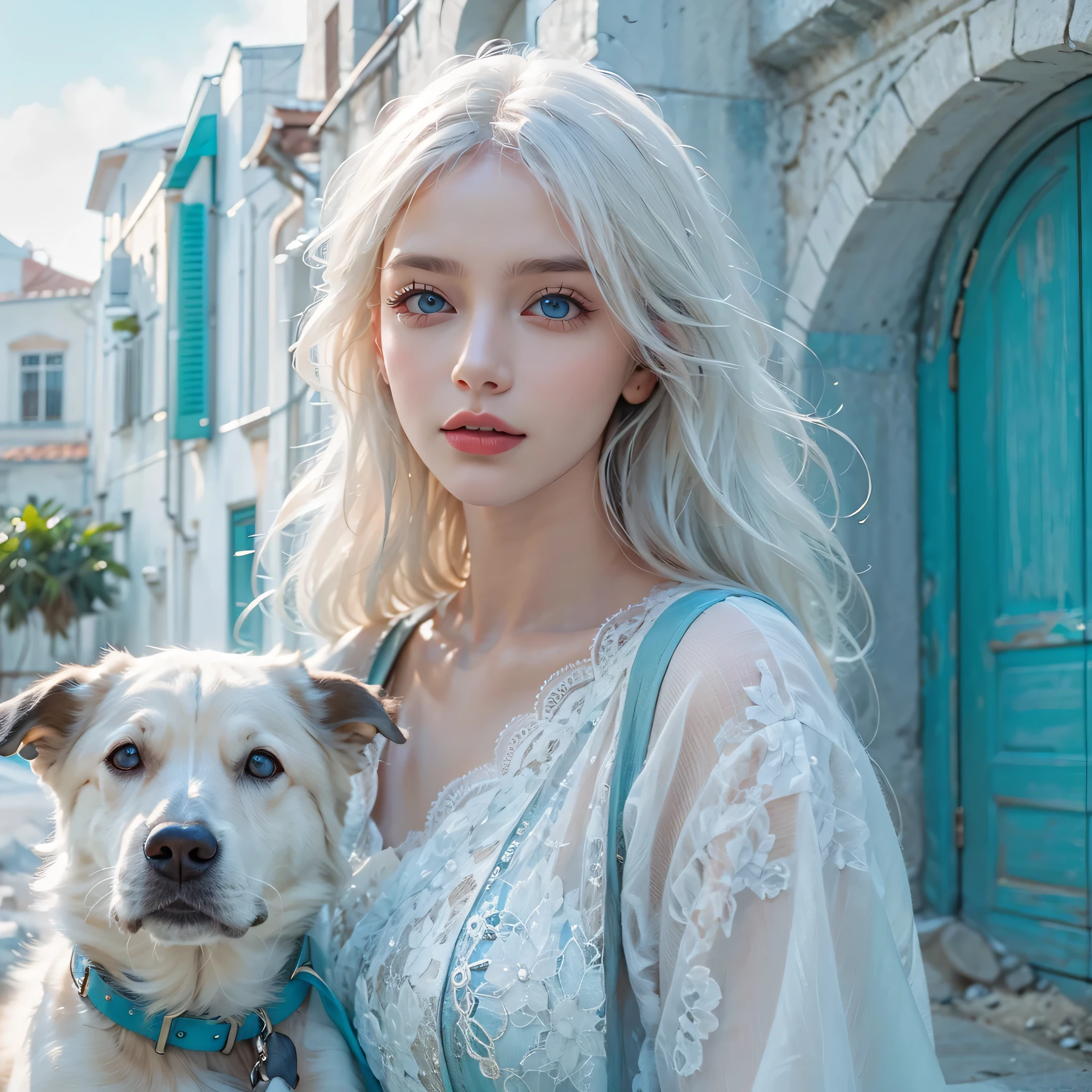 "Highest quality, like a photograph,High quality, 8k resolution",A beautiful 19-year-old girl with a dog,Very elegant and futuristic fashion,Generate a photorealistic image that captures a breathtaking scene by the azure sea,The girl should have ethereal white hair flowing beautifully in the sea breeze,Her sky-blue eyes should reflect the tranquil Mediterranean ambiance,Background town with narrow streets, whitewashed buildings topped with blue domes, typical of the Greek Isles,The scene blends vibrant colors of the sea, the peaceful quaintness of the town, and the elegant figure,Very clear background,Blue and white color theme