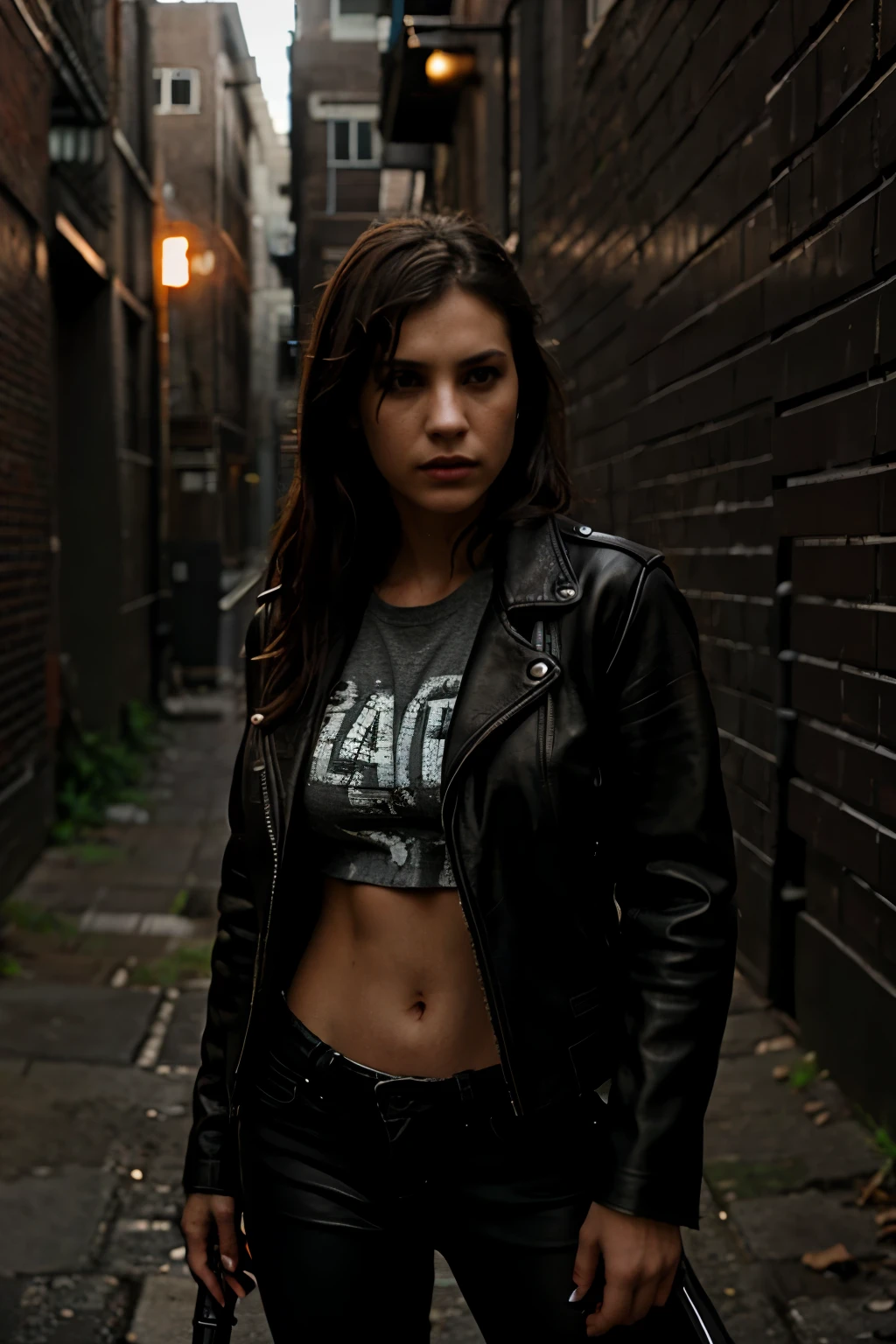 (High-definition, Gritty texture: 1.1), Dramatic scene, suspenseful atmosphere, (Moody lighting: 0.8), Woman with a gun on her back, determined expression, (Narrowed eyes: 0.5), Defensive stance, well-worn leather jacket, (Bullet holes: 0.3), Alleyway, dimly lit, Old brick walls, (Shadows casting): 1.0, Tense muscles, (Grip on gun: 0.7), Earphones in ears, (Focused gaze: 0.9), Edgy, urban setting, (Being watched from a distance: 0.6),