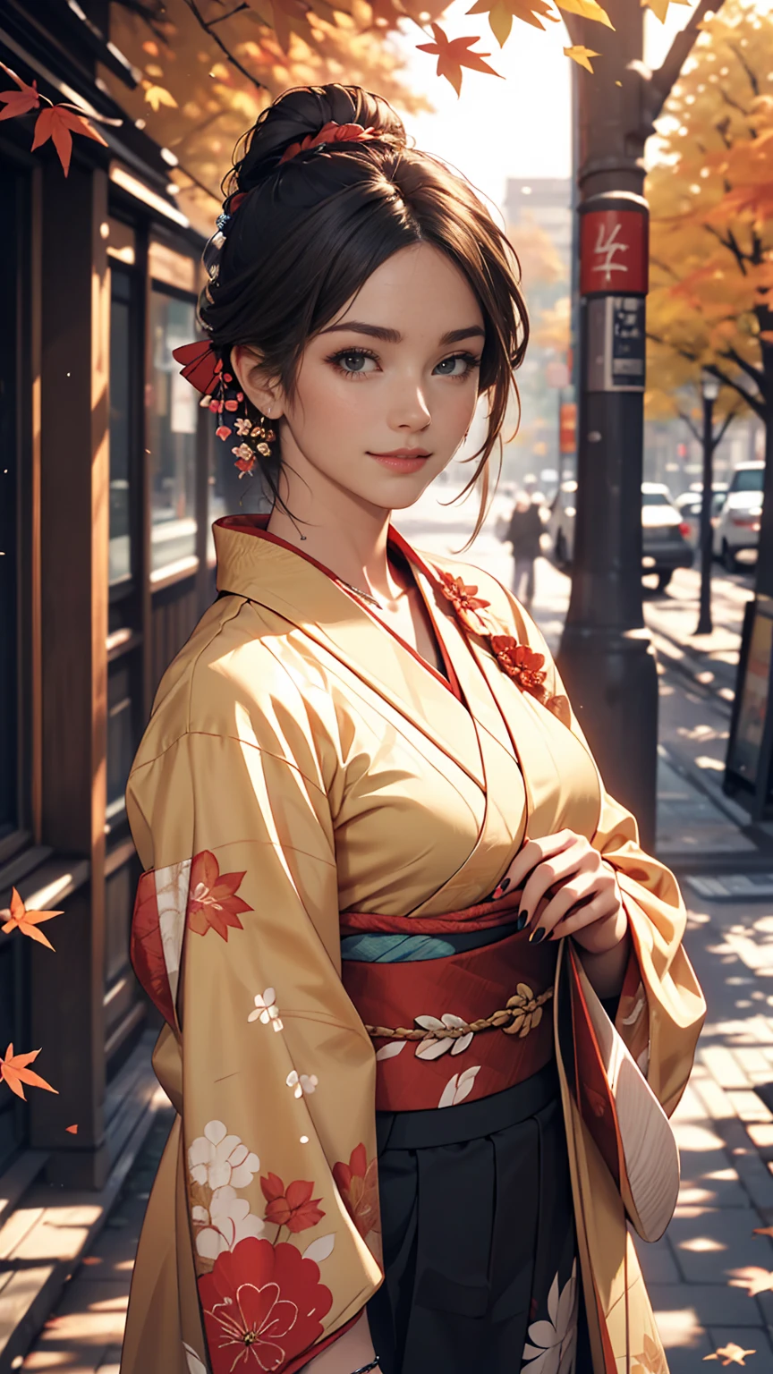 ((最high quality, 8K, masterpiece: 1.3, Ultra HD, high quality, 最high quality, High resolution, realism)) 、A stunningly beautiful 22-year-old Japanese woman、Hair color is indigo、black eye、Medium Hair、Straight Hair、smile、Slender but well-proportioned body、Background blur((depth of field))、Aerial perspective((atmospheric perspective))、I want my head to stay off screen、Put an anklet on your ankle、Wearing red nail polish、I have a peticure、Make a chignon、kimono、autumn leaves