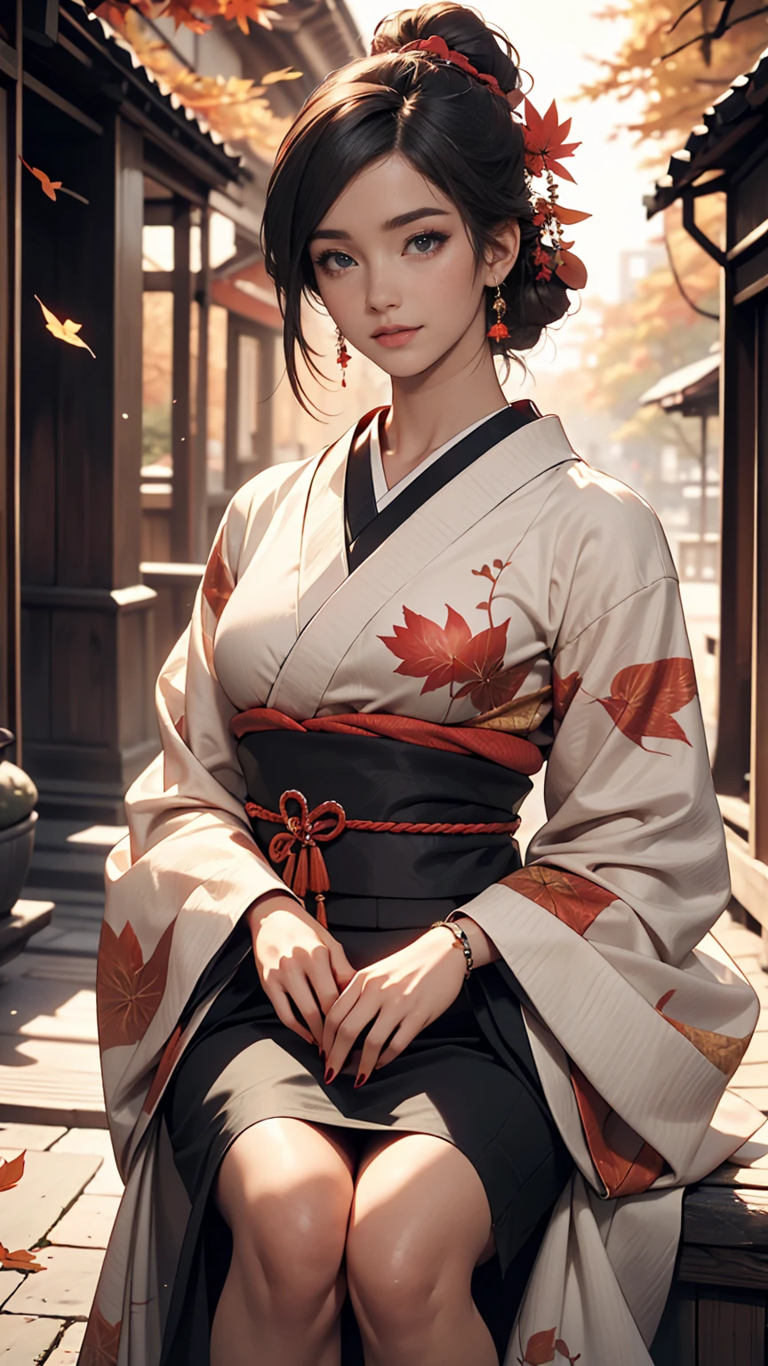 ((最high quality, 8K, masterpiece: 1.3, Ultra HD, high quality, 最high quality, High resolution, realism)) 、A stunningly beautiful 22-year-old Japanese woman、Hair color is indigo、black eye、Medium Hair、Straight Hair、smile、Slender but well-proportioned body、Background blur((depth of field))、Aerial perspective((atmospheric perspective))、I want my head to stay off screen、Put an anklet on your ankle、Wearing red nail polish、I have a peticure、Make a chignon、kimono、autumn leaves