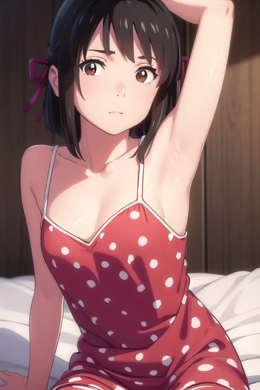 mitsuhamiyamizu, mitsuha miyamizu, black hair, (brown eyes:1.5), hair ribbon, (small breast:1.2),
BREAK bare shoulders, collarbone, dress, polka dot, (polka dot dress:1.5), sleepwear, red dress,
BREAK looking at viewer,
BREAK indoors, bed,
BREAK (masterpiece:1.2), best quality, high resolution, unity 8k wallpaper, (illustration:0.8), (beautiful detailed eyes:1.6), extremely detailed face, perfect lighting, extremely detailed CG, (perfect hands, perfect anatomy), armpit