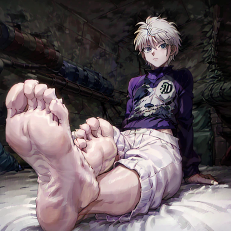 ((Masterpiece)), ((highest quality)), ((perfect anatomy )), young male, Killua Zoldyck_Hunter x Hunter, on a bed, showing the soles of his feet, perfect feet, five toe feet, feet focus, two legs, two feet