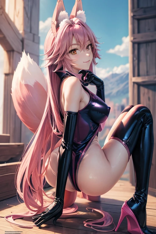 masterpiece,best quality,high resolution,1woman,full body,perfect face,perfect body,(megami magazine:1.3),pale skin,fighter,(pink long policytail hair:1.3),seductive smile,blonde eyes,large breasts,large ass,small nipples,(pink fox ears:),(pink fox tails:1.3),(black catsuit:1.3),stand,(catsuit erect nipples:),cameltoe,clothed,looking at viewer,