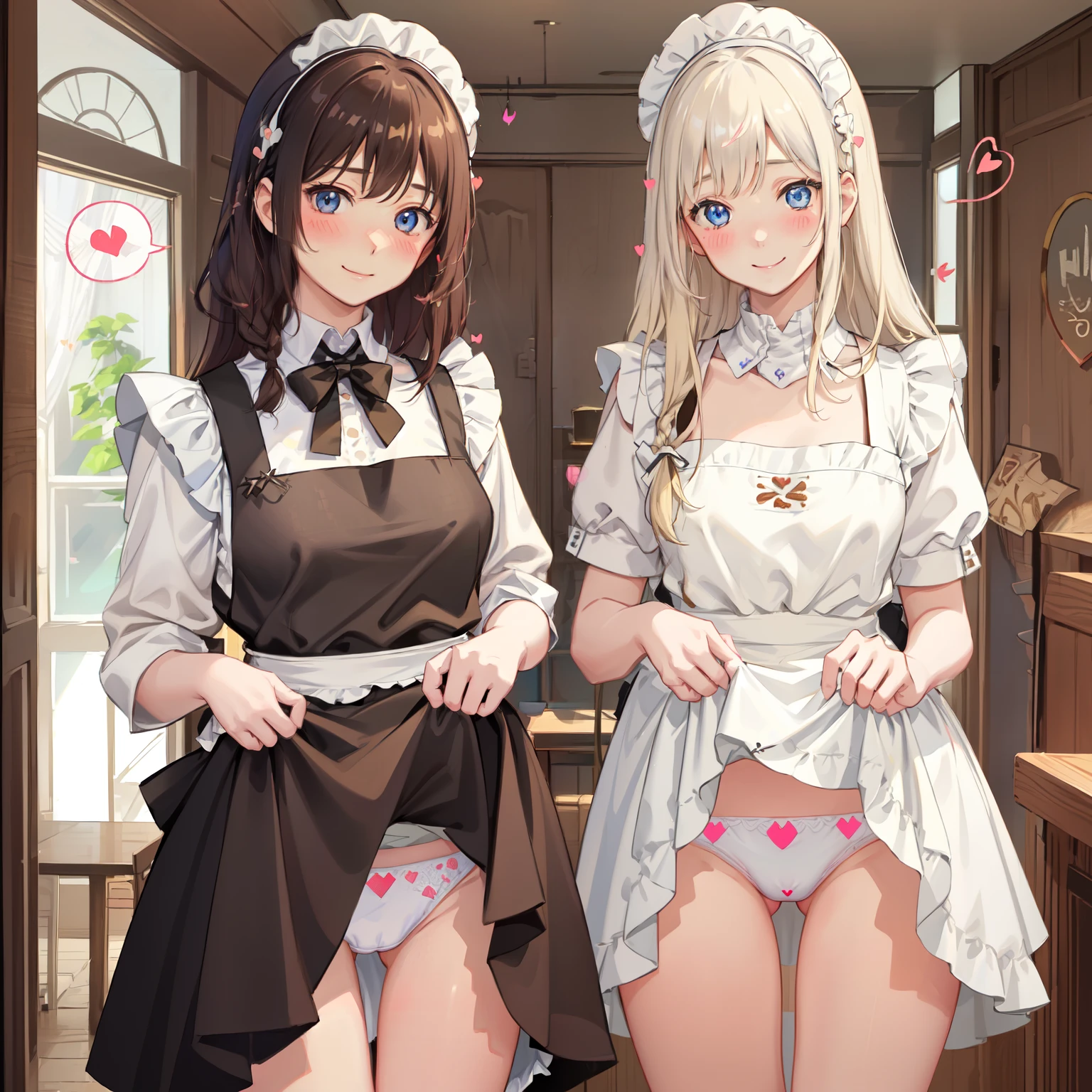 highest quality、masterpiece、((2 girls))、((smile:1.3))、(blush:1.3)、Black Shirt、blouse、((fun!!))、(Small breasts)、(One-strand braid)、(Blonde)、()、((White apron:1.5))、((Maid))、((hair ornaments)),、Kamimei、look at me、 ((in house:1.5))、 Taking a break from watching the audience、Cowboy Shot、(Skirt lift:1.3),(Highly detailed white panties:1.3)、(Highly detailed panties:1.3)、、(スカート that rolls up:1.3)、(Panties fully exposed:1.5)、Light blue eyes、long hair、((spoken heart:1.5))