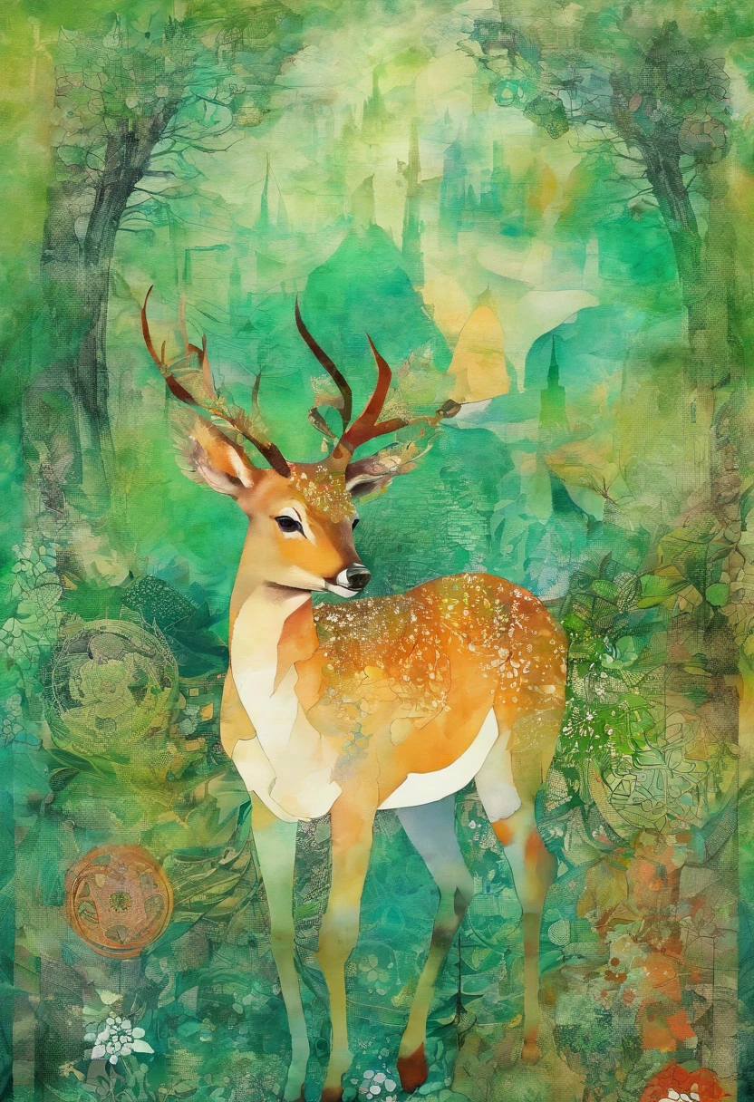 Dreaming doe, regard en l'air doux tendre perdu dans ses rêves, posture marche, green forest background ::2 colorful ink painting ::2 art fantasy