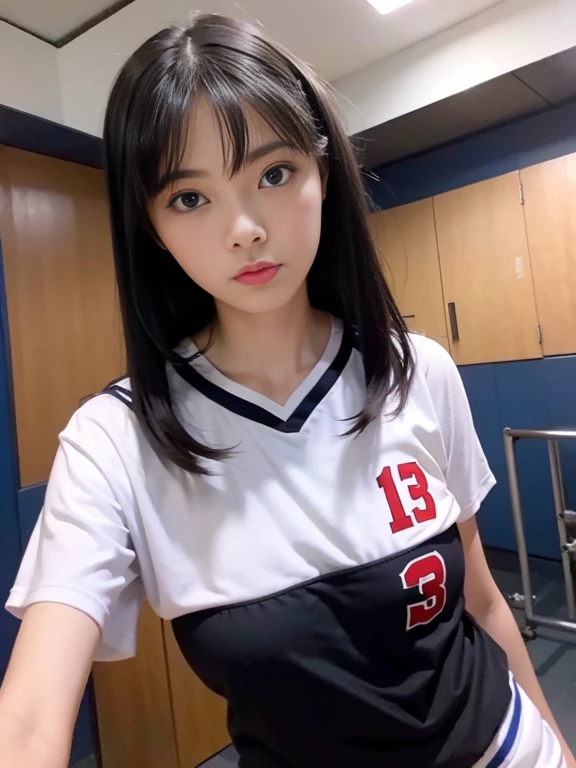 realistically, high resolution, soft light, fair, Tempting, Sexy, White Asian, 18 years old, Tall and thin, Wearing tight volleyball uniform, stand completely, in the gym, face camera, 8K, masterpiece, masterpiece,