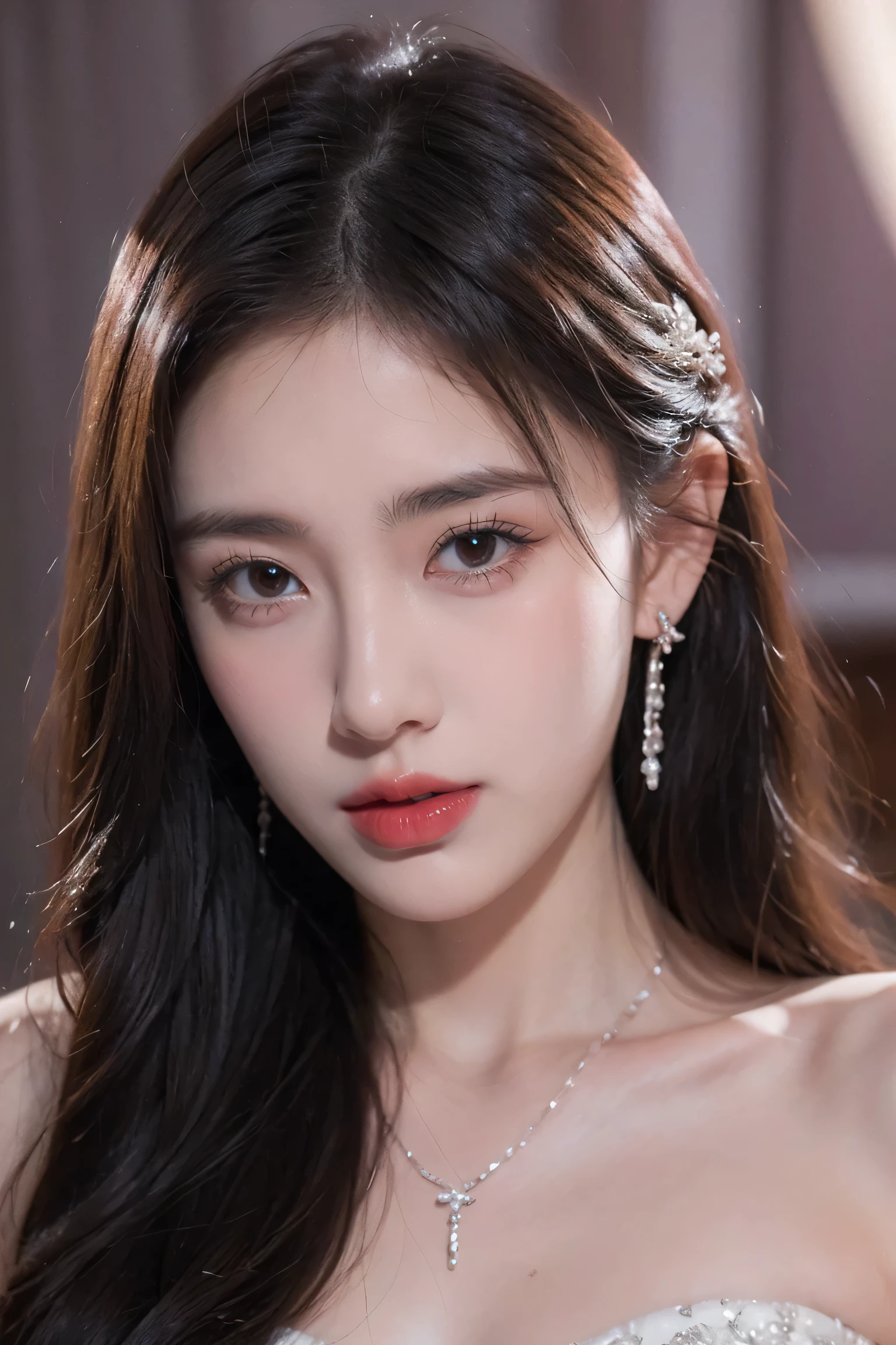 Top CG, Highest image quality, masterpiece, Gentle and beautiful girl, (185cm美女), (fit), Imperial sister, Queen temperament, White skin, ((Long legs)), perfect facial features, Bright Eyes, Seductive pose, Red lips, Beautiful and cold (A major breakthrough)), Beautiful and heroic, Soft and long hair, sparkling, Lace, net, Visible through clear skin, wear glasses, diamond earrings, ruby neckLace, (Purple evening dress), 8K Image Quality, (Realistic Portraits), Characters fill the screen, (Facial lighting), ((eternity)