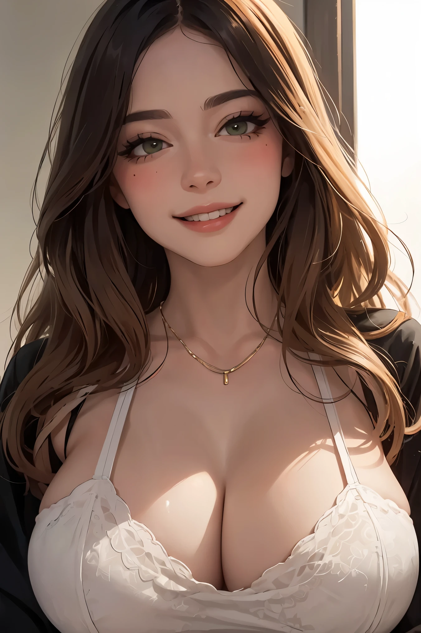 ((masterpiece, intricate details)), realistic, photorealistic, 1girl, mature female, upper body, green eyes, blush, long blonde hair, dolly eyelashes, huge breasts, cleavage, necklace, happy smile, white top, park, natural light