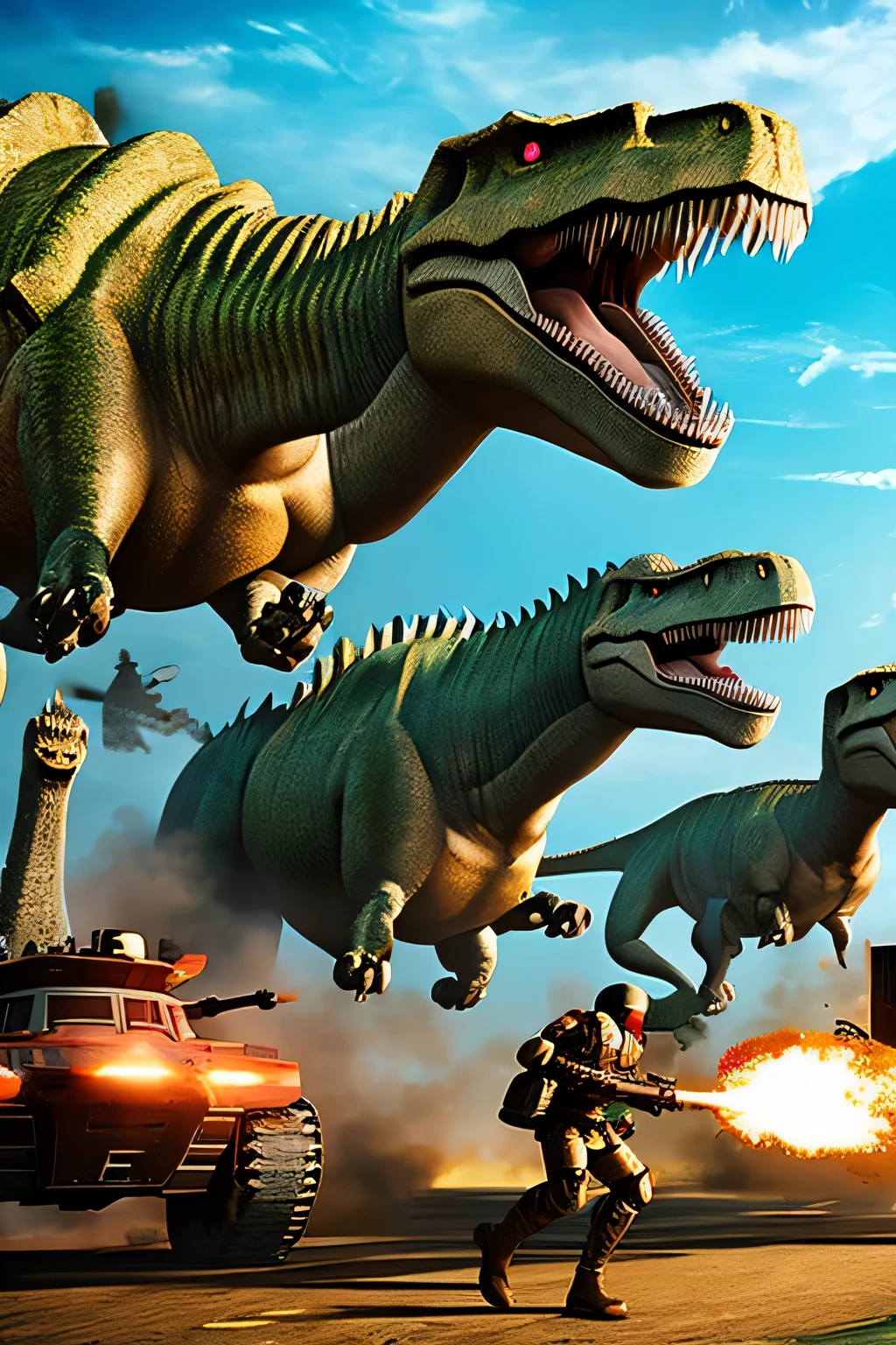 Fight with weapons、Carrying a missile、missile、tank、fight、Modern、robot、Dinosaurs、Fighting dinosaurs、Several dinosaurs