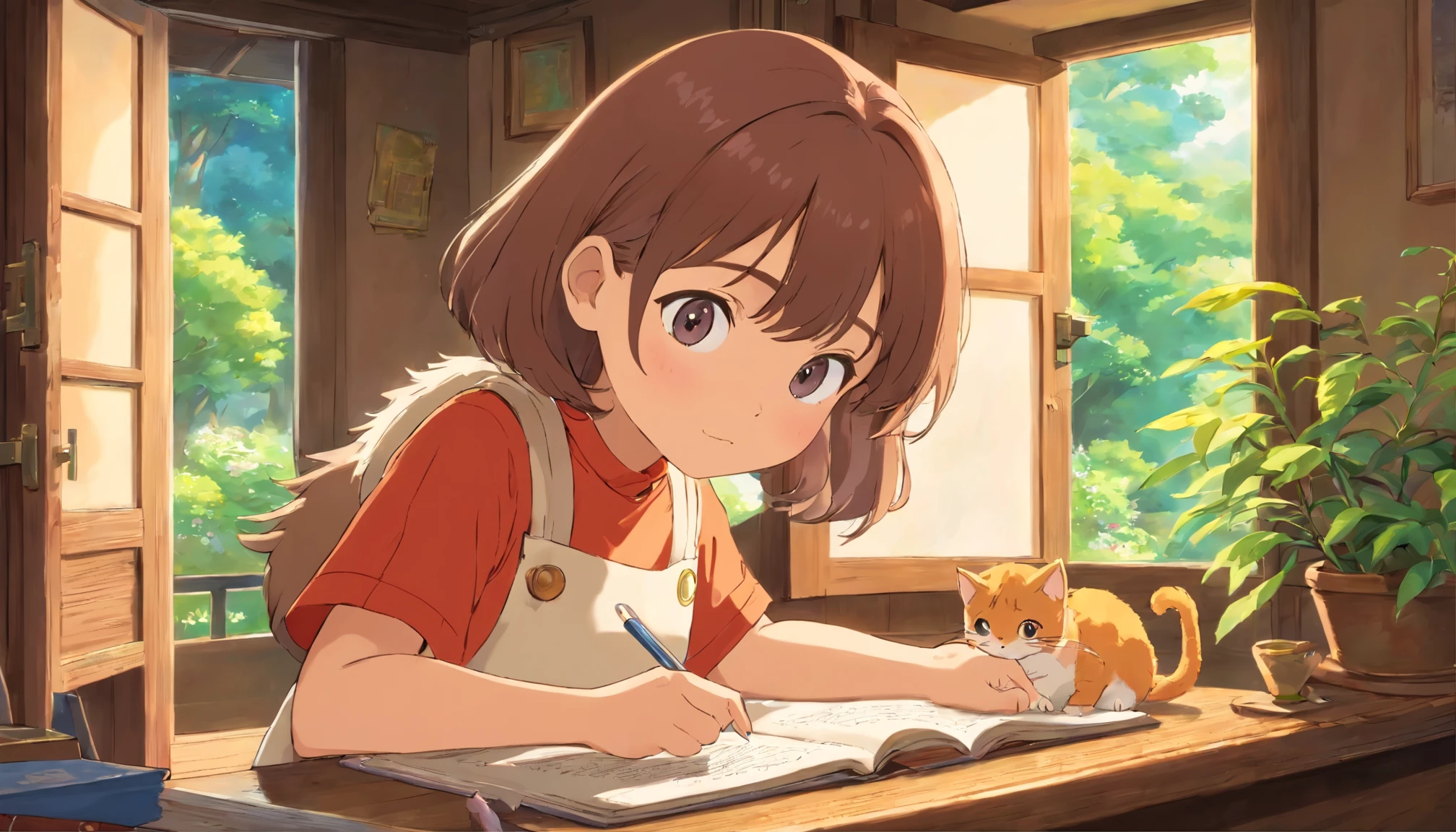 A girl studying with a cute cat with round eyes, Close the window.