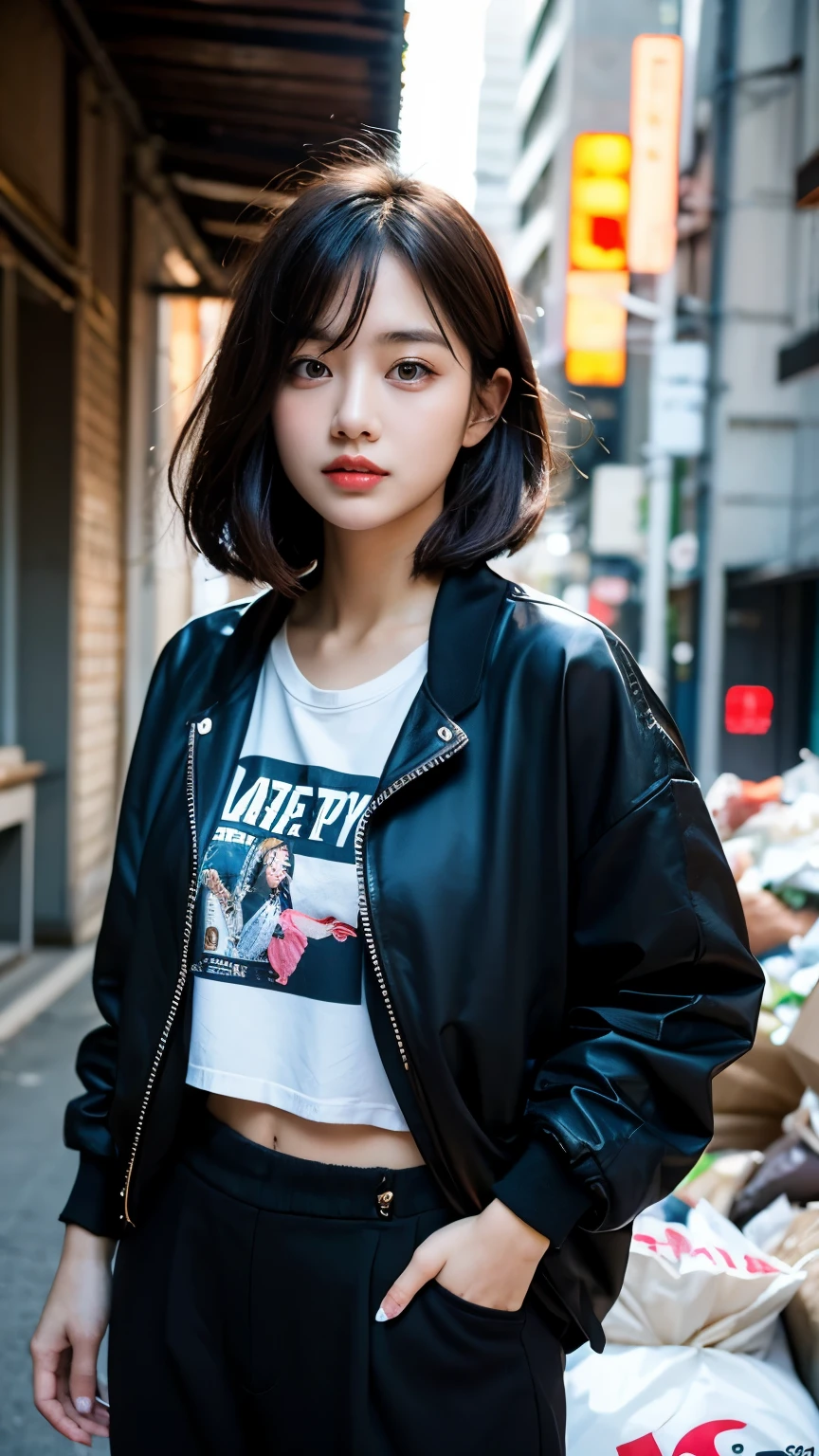 18-year-old,Korean women,(((Facing forward))),(((Frowning,カメラをGlaring))),(Very fine eye), Woman in a trash dump,(((Fabric Shading))), (((highest quality))), (((masterpiece))) strong girl, (((Realistic))), Present the card you are holding,Black Hair, chic hairstyle, ((With bangs,Straight medium bob cut, nice hair)), Light makeup,Red eyes, I'm not wearing lipstick,(((Retro-futuristic outfits))), (nice, strong), Strong night atmosphere, Centered Images, Focus on the camera, Elegant colors,Realistic Skin,Realistic texture,8k,whole body,Pale skin, (((Dirty garbage dump))),A huge amount of trash,Red iris,Expressionless,(((He is wearing a big black down jacket. ))),Glaring,Perfect Face,(((Big eyes))),She is wearing wide black pants,Mouth closed, portrait of aespaのウィンター,She is wearing black streetwear, Woman in black streetwear, Photo of a woman in black tech clothing, Girl wearing black hoodie, Cyberpunk Streetwear, Cyberpunk Streetwear street fashion e-girl,