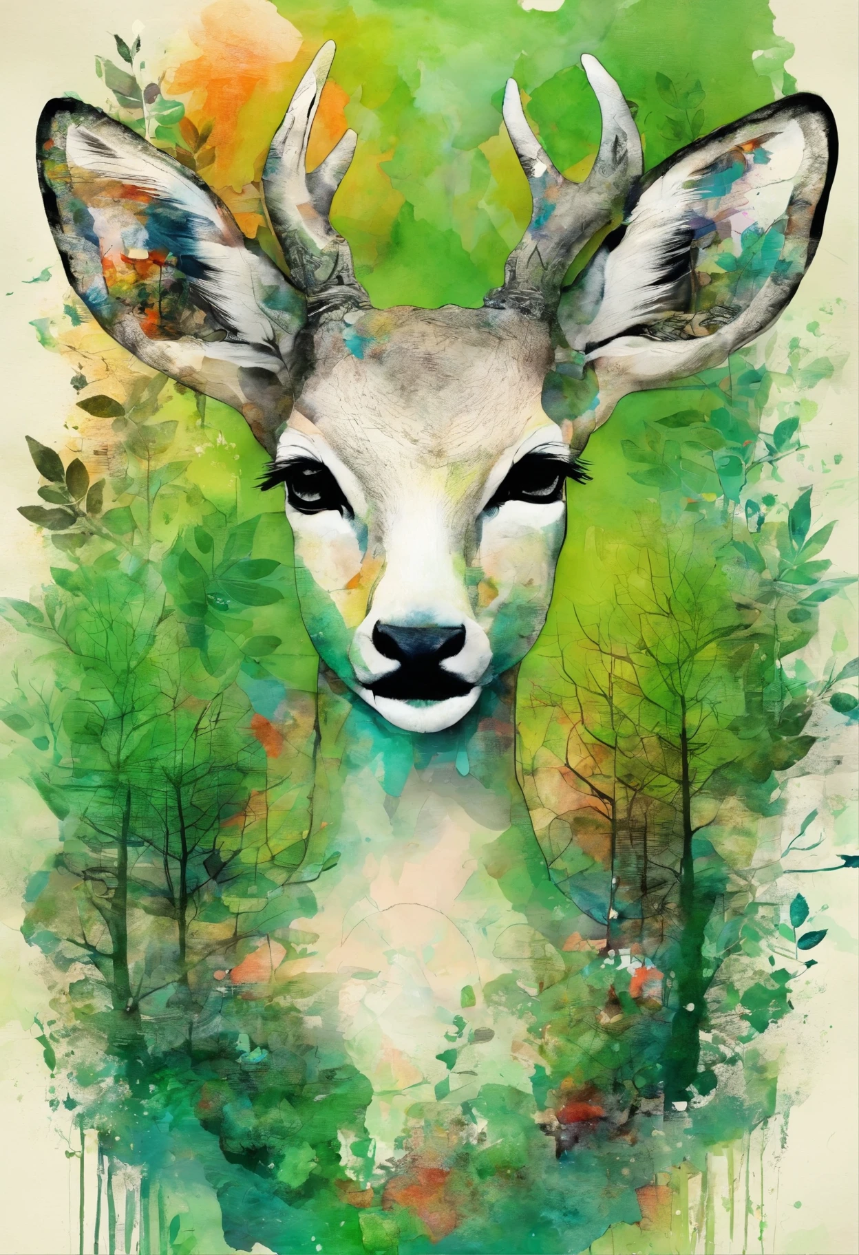 Dreaming doe, regard doux tendre perdu dans ses rêves, posture marche, green forest background ::2 colorful ink painting ::2 art fantasy