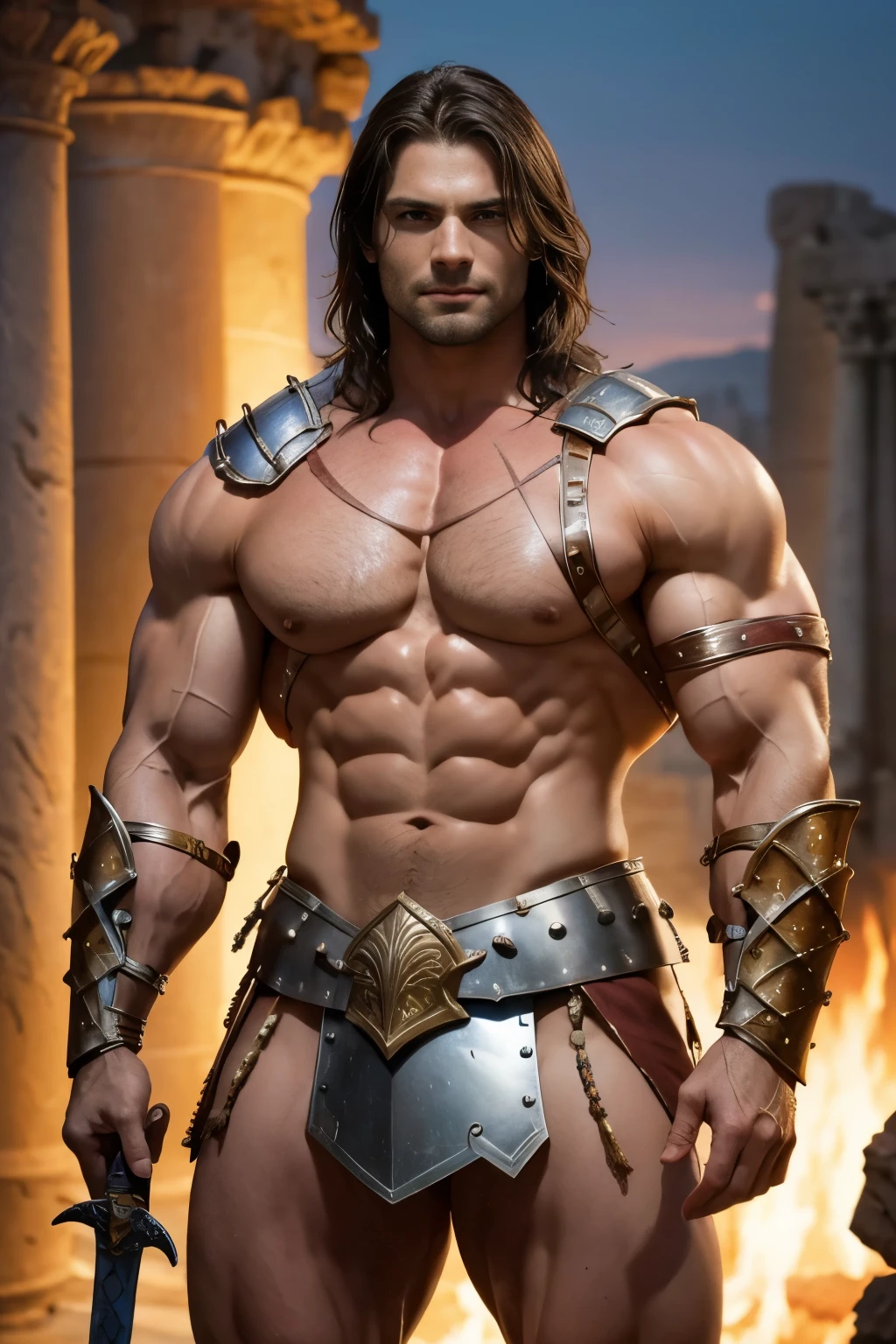 (((Spartacus the Gladiator, Armed with Armor and Sword))), nude, waistcoat, loincloth, ancient Roman amphitheater background, Arena, (((((bodybuilder))))), a cute guy, 25 years old handsome guy, smile, (((very muscular body, vascularity, veins))), upper-body portrait, upper-body Image, real man, abnormally developed muscles, ((color Image)) masterpiece, best quality, high resolution