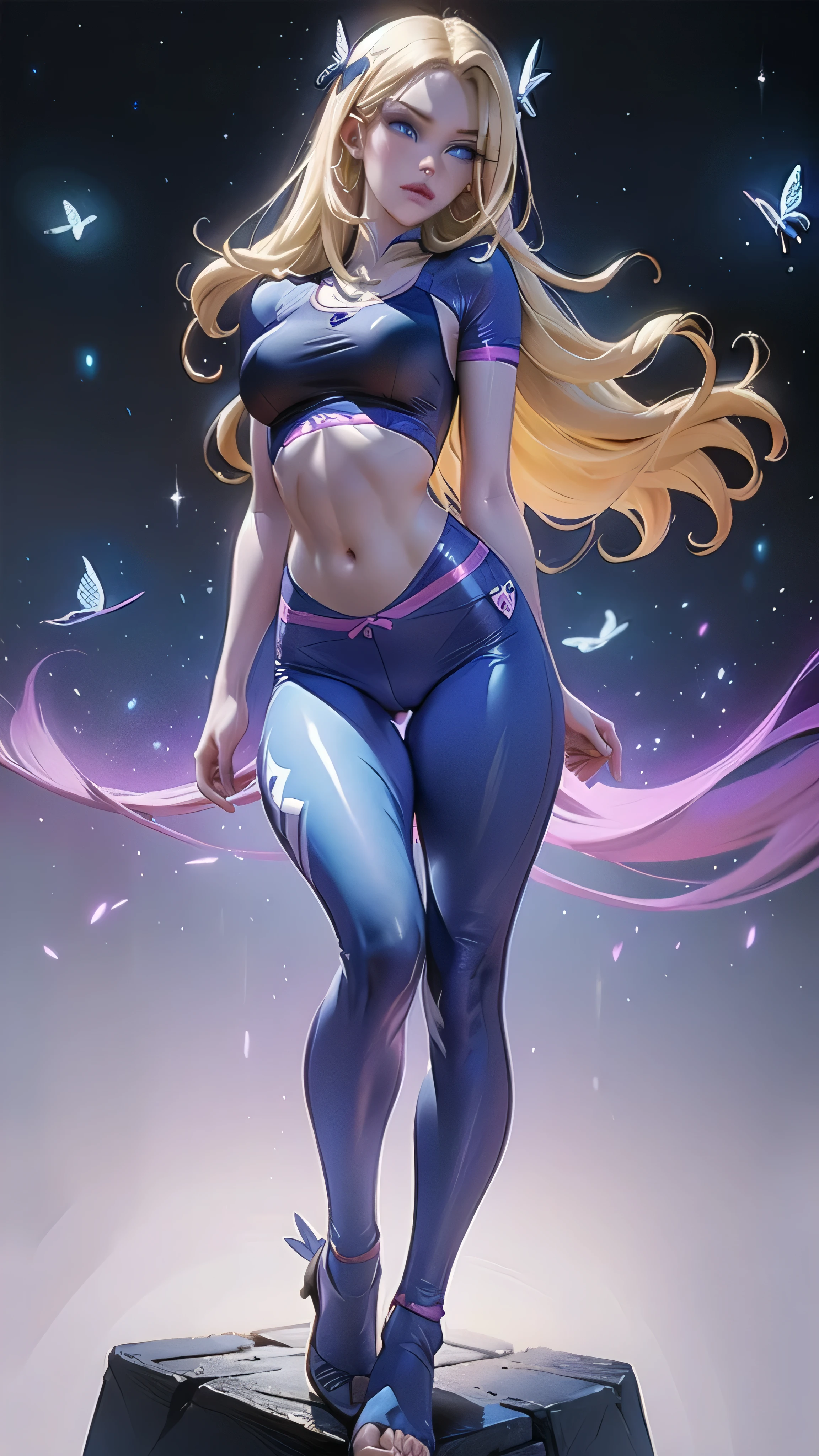 (work of art), (masterpiece), (best quality), a blonde girl, (blue eyes), wearing nothing, brightly lit night city background, red bow, butterflies in golden circle, flowing hair , but g , full figure head to toes , standing beside poles , showing beautiful backside,back angel wearing high heels , baby pink bra, baby pink sports bra, baby pink leggings