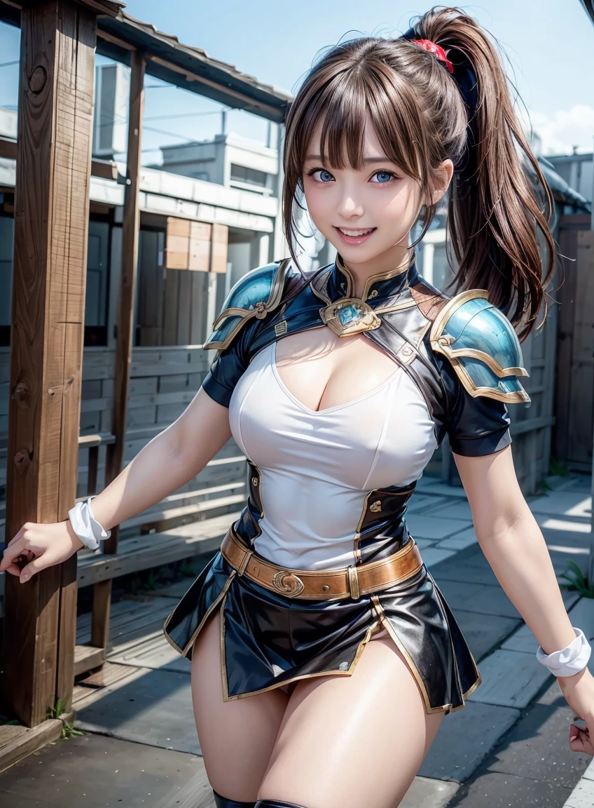 (highest quality:1.3), High resolution, Very detailed, Very detailedな CG Unity 8k 壁紙, Realistic, photo-Realistic, RAW Photos, Beautiful and detailed face, White skin, Realistic glistening skin, High-quality fabric, Detailed hair texture, Perfect body, Beautiful Features, Accurate fingering, Anatomically correct, Very detailedな顔と肌の質感、One Girl, cute, ((brown hair、ponytail, deep blue eyes: 1. 2)), Shiny Hair, Thick bangs, ((A smile showing white teeth: 1. 2)), (Red and black armor、Pencil Skirt:1、3),