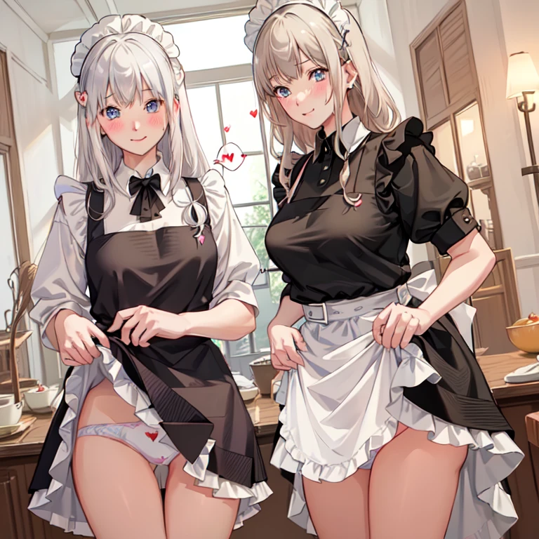 highest quality、masterpiece、((2 girls))、((smile:1.3))、(blush:1.3)、Black Shirt、blouse、((fun!!))、(Small breasts)、(One-strand braid)、(Blonde)、()、((White apron:1.5))、((Maid))、((hair ornaments)),、Kamimei、look at me、 ((in house:1.5))、 Taking a break from watching the audience、Cowboy Shot、(Skirt lift:1.3),(Highly detailed white panties:1.3)、(Highly detailed panties:1.3)、、(スカート that rolls up:1.3)、(Panties fully exposed:1.5)、Light blue eyes、long hair、((spoken heart:1.5))