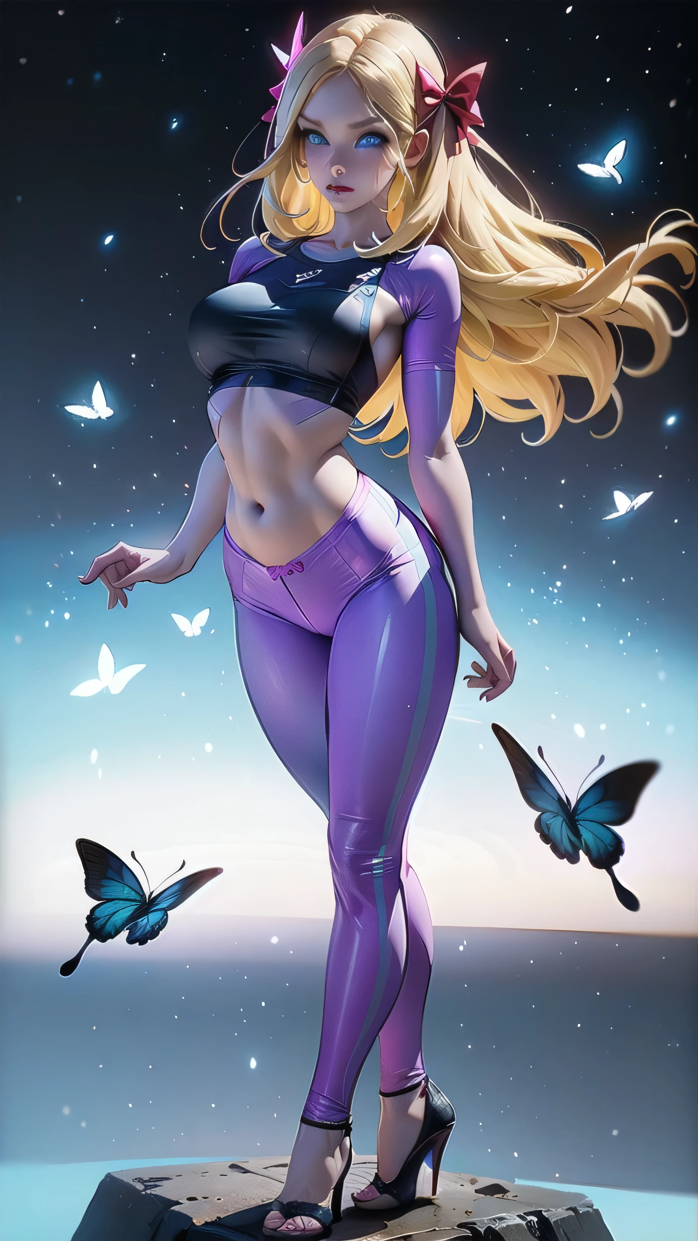 (work of art), (masterpiece), (best quality), a blonde girl, (blue eyes), wearing nothing, brightly lit night city background, red bow, butterflies in golden circle, flowing hair , but g , full figure head to toes , standing beside poles , showing beautiful backside,back angel wearing high heels , baby pink bra, baby pink sports bra, baby pink leggings