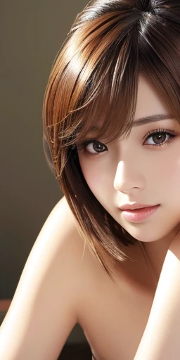 ((medium shot))、masterpiece、highest quality、High resolution、Tabletop、wallpaper、Realistic、Bright lighting、Professional Lighting、Smooth lighting、Japanese women、Adult、Beautiful woman、gravure、sexy、so beautiful、Beautiful Skin、Beautiful and detailed、Detailed face、slim、short hair、Brunette colored hair、Brown eyes、