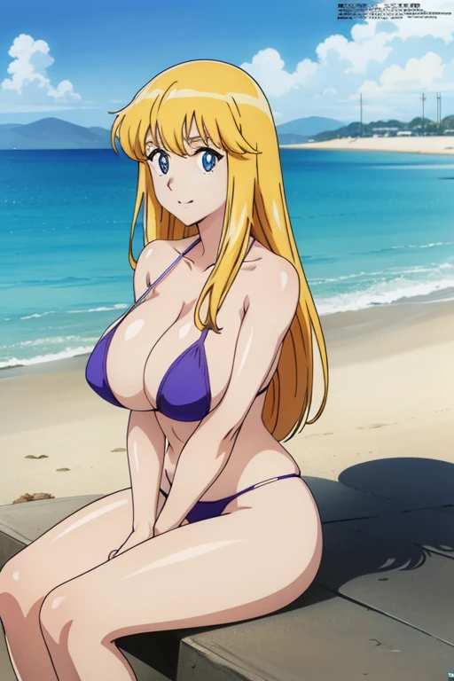 (anime cels style, Masterpiece, best quality, high resolution, anime colored, megami magazine:1.2, anime poster style, anime keyvisual, sharp, 8k, photorealistic), (beautiful eyes:1.5), reiko_aiwaifu, 1woman, milf, blond hair, long hair, (sagging huge breast), micro bikini, cleavage, (upper body:1.5, sitting), (perfect detailed anatomy, perfect arms, perfect fingers, beautiful face, perfect body, shiny skin), beach, 