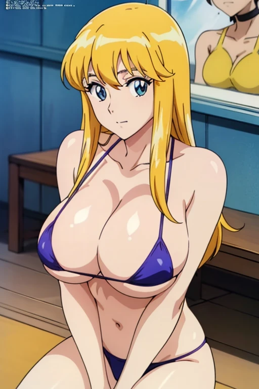 (anime cels style, Masterpiece, best quality, high resolution, anime colored, megami magazine:1.2, anime poster style, anime keyvisual, sharp, 8k, photorealistic), (beautiful eyes:1.5), reiko_aiwaifu, 1woman, milf, blond hair, long hair, (sagging huge breast), micro bikini, cleavage, (upper body:1.5, sitting), (perfect detailed anatomy, perfect arms, perfect fingers, beautiful face, perfect body, shiny skin), beach,
