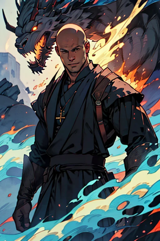 ((best quality)), ((masterpiece)), (detailed), bald monk, god of fire, whole body,  blue flames

