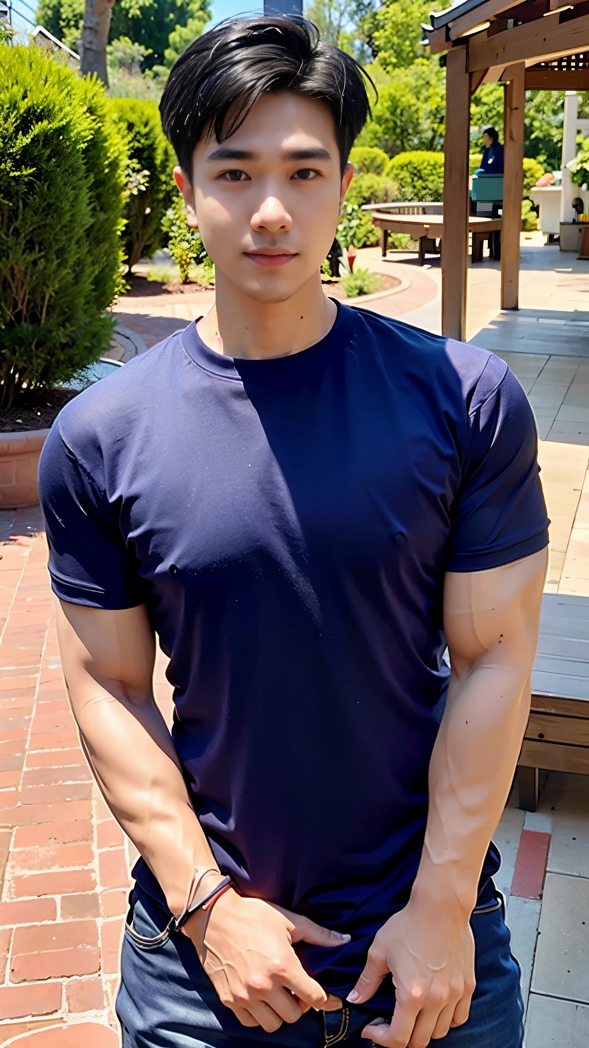 1 male model, (Wear a navy round neck T-shirt.), Jeans, Korean people , korean men, (high glossy details), looking at the audience, Balancing the eyes, chest muscles, large arm muscles, The backdrop is a garden.