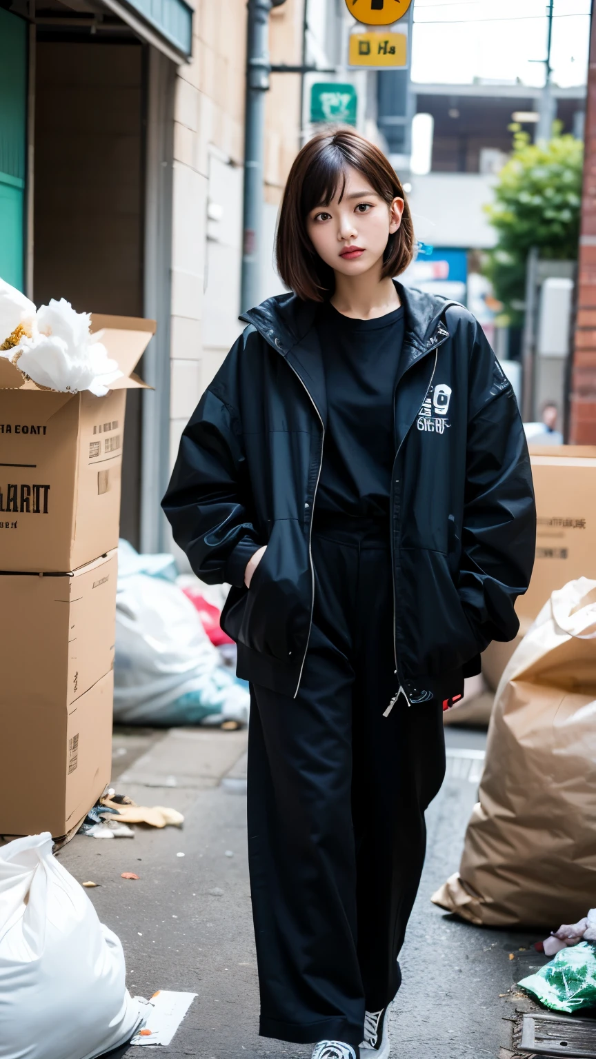 18-year-old,Korean women,(((Facing forward))),(((Frowning,カメラをGlaring))),(Very fine eye), Woman in a trash dump,(((Fabric Shading))), (((highest quality))), (((masterpiece))) strong girl, (((Realistic))), Present the card you are holding,Black Hair, chic hairstyle, ((With bangs,Straight medium bob cut, nice hair)), Light makeup,Red eyes, I'm not wearing lipstick,(((Retro-futuristic outfits))), (nice, strong), Strong night atmosphere, Centered Images, Focus on the camera, Elegant colors,Realistic Skin,Realistic texture,8k,whole body,Pale skin, (((Dirty garbage dump))),A huge amount of trash,Red iris,Expressionless,(((He is wearing a big black down jacket. ))),Glaring,Perfect Face,(((Big eyes))),She is wearing wide black pants,Mouth closed, portrait of aespaのウィンター,She is wearing black streetwear, Woman in black streetwear, Photo of a woman in black tech clothing, Girl wearing black hoodie, Cyberpunk Streetwear, Cyberpunk Streetwear street fashion e-girl,