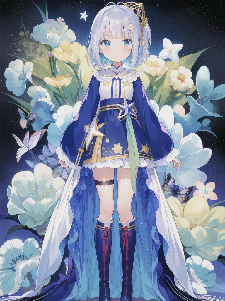 (masterpiece)、(highest quality)、(An illustration)、(Beautiful details)、(High Resolution)、1 Girl、solo、Looking at the viewer、、Long Hair、blue eyes、smile、vtuber-fullbody、Star Fairy、最高masterpiece、Official Art、Super detailed、super beautiful、かわいいStar Fairy、white straight short hair、Milky Way、universe、star charm、Star、Baby Face、Knee-high boots、Japanese pattern dress、浴衣をリメイクした黒と紺色のuniverseを思わせるOiranフリルドレス、Oiran、Simple Background、green background、