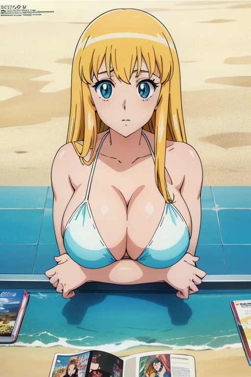 (anime cels style, Masterpiece, best quality, high resolution, anime colored, megami magazine:1.2, anime poster style, anime keyvisual, sharp, 8k, photorealistic), (beautiful eyes:1.5), reiko_aiwaifu, 1woman, milf, blond hair, long hair, (sagging huge breast), micro bikini, cleavage, (upper body:1.5), sitting, (perfect detailed anatomy, perfect arms, perfect fingers, beautiful face, perfect body, shiny skin), beach,