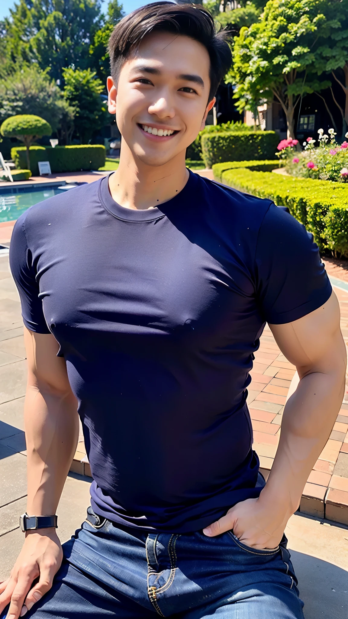 1 male model, smile, (Wear a navy round neck T-shirt.), Jeans, Korean people , korean men, (high glossy details), looking at the audience, Balancing the eyes, chest muscles, large arm muscles, The backdrop is a garden.