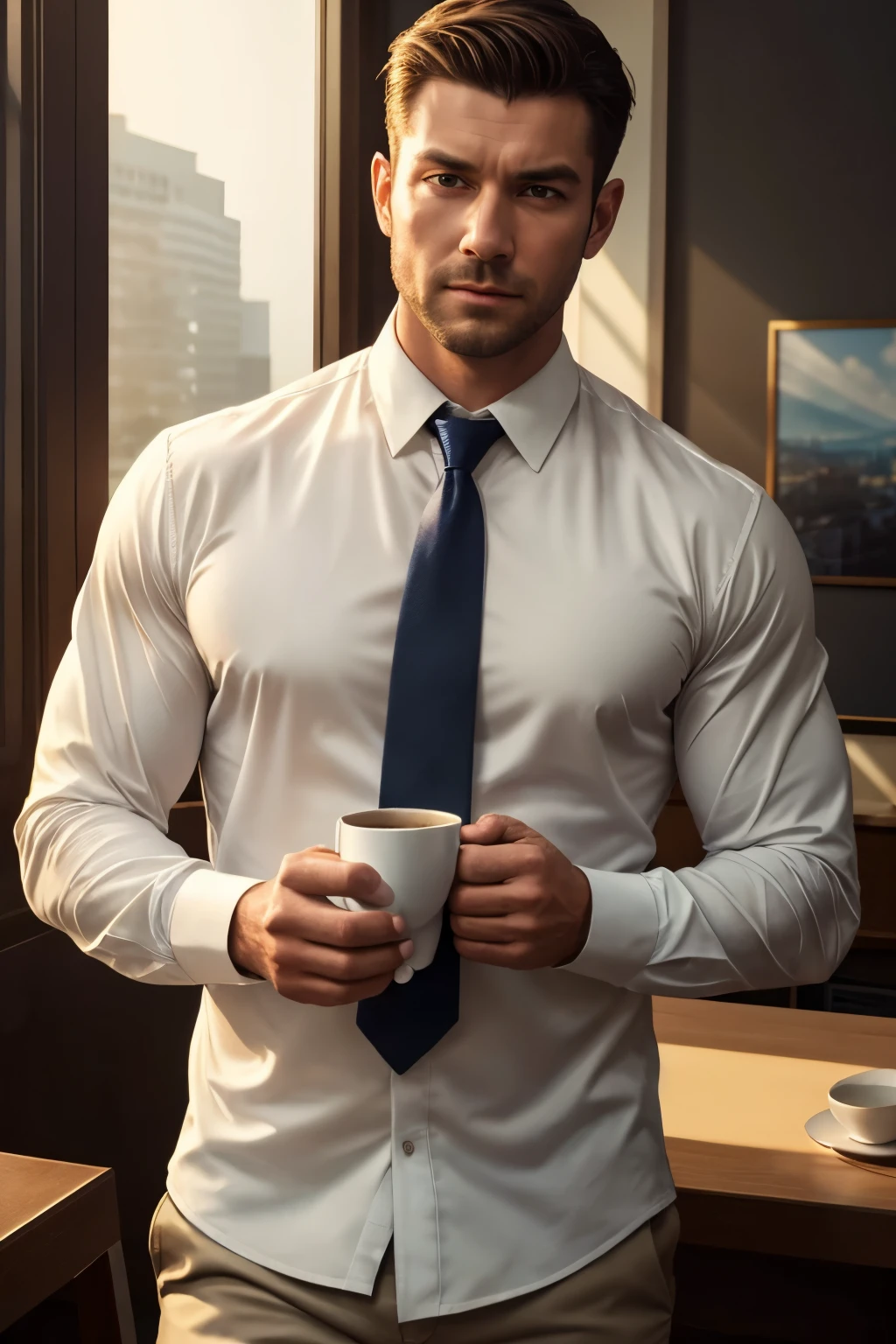 1 person,
in his 30's and.o a muscular man in a white long sleeved shirt and tie, Asian appearance, Drinking coffee,
Soft lighting,
masterpiece, Best quality, 8k uhd, SLR camera, grainy, Fuji Photorealistic painting.