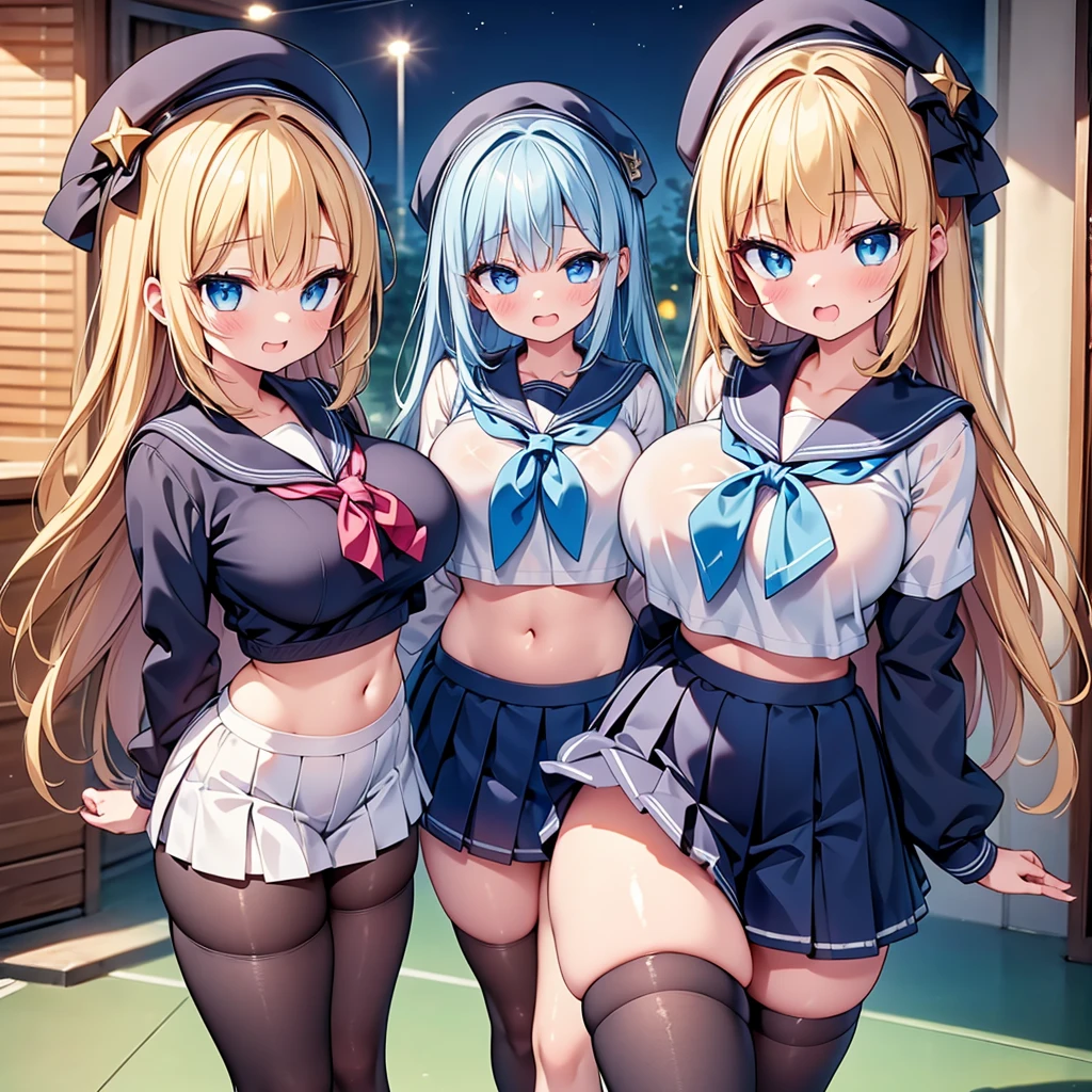 highest quality,wonderful,finely,extremely detailed CG Unity 8K wallpaper, (Stand in line:1.2), (3 girls, cute eyes, sailor uniform, clothed), (huge breasts), (open mouth:1.1), (long tongue:1.1), (mouth drool:1.1), (black stockings:1.1),(Thighs:1.1),(Waistline:1.1), (shirt lift:1.3)