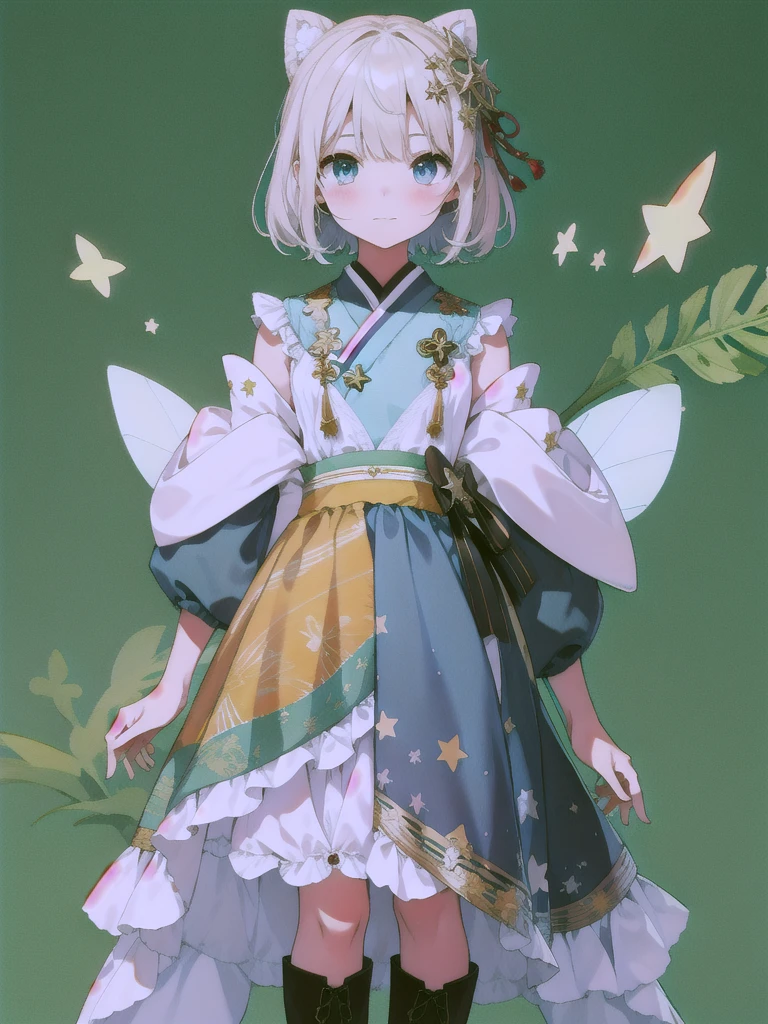 (masterpiece)、(highest quality)、(An illustration)、(Beautiful details)、(High Resolution)、1 Girl、solo、Looking at the viewer、、Long Hair、blue eyes、smile、vtuber-fullbody、Star Fairy、最高masterpiece、Official Art、Super detailed、super beautiful、かわいいStar Fairy、white straight short hair、Milky Way、universe、star charm、Star、Baby Face、Knee-high boots、Japanese pattern dress、浴衣をリメイクした黒と紺色のuniverseを思わせるOiranフリルドレス、Oiran、Simple Background、green background、