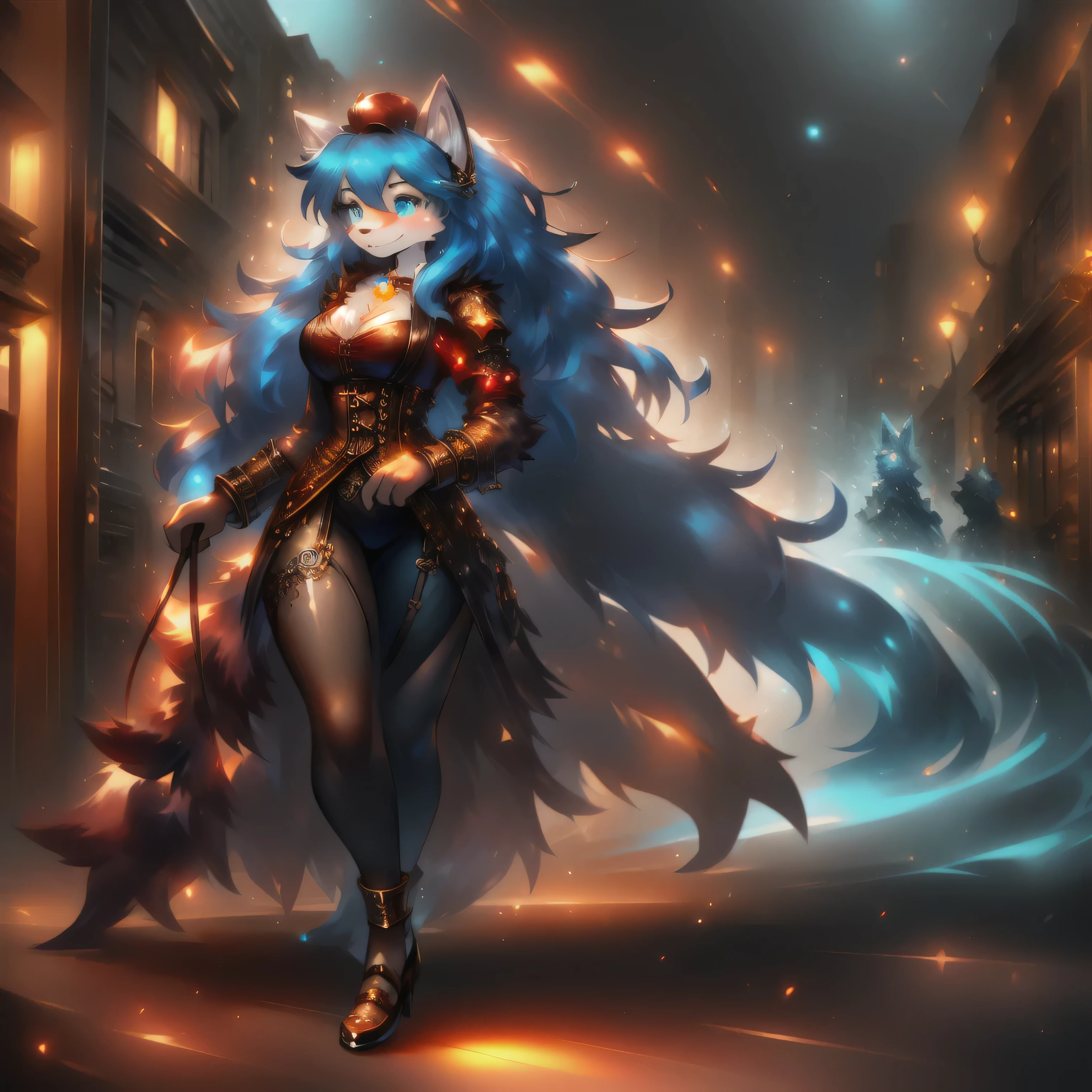 woman, hairy woman, wolf woman, full body portrait, full fur, magic fur, full tail, big tail, magic tail, magic hair, long hair, bushy hair, hair, hair with a brooch (gear shaped brooch ), almond-shaped eyes, blue eyes, shy smile, charming face, red cheek, long dress (dark blue color in steampunk style), worn tights, black tights, heeled shoe, steampunk shoe, background with steampunk city (a woman wolf this walk in the city), lots of people in the street