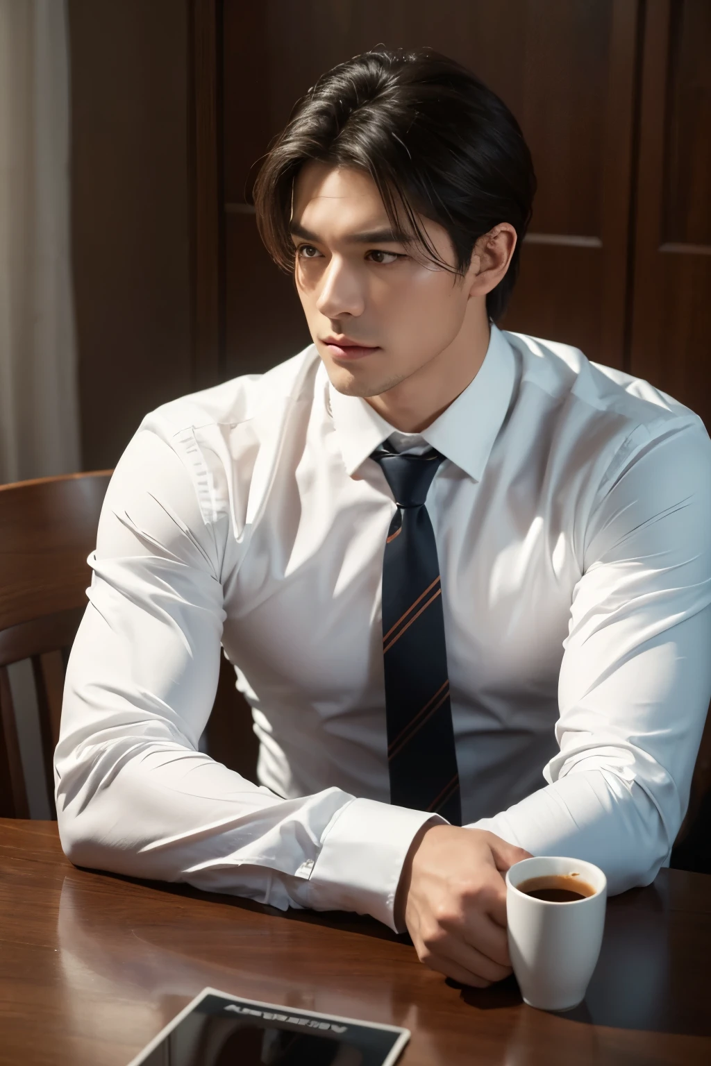 1man,
a 30 y.o muscular male wearing long-sleeve white shirt and tie, drinking coffee,
soft lighting,
masterpiece, best quality, 8k uhd, dslr, film grain, Fujifilm XT3 photorealistic painting art by midjourney and greg rutkowski