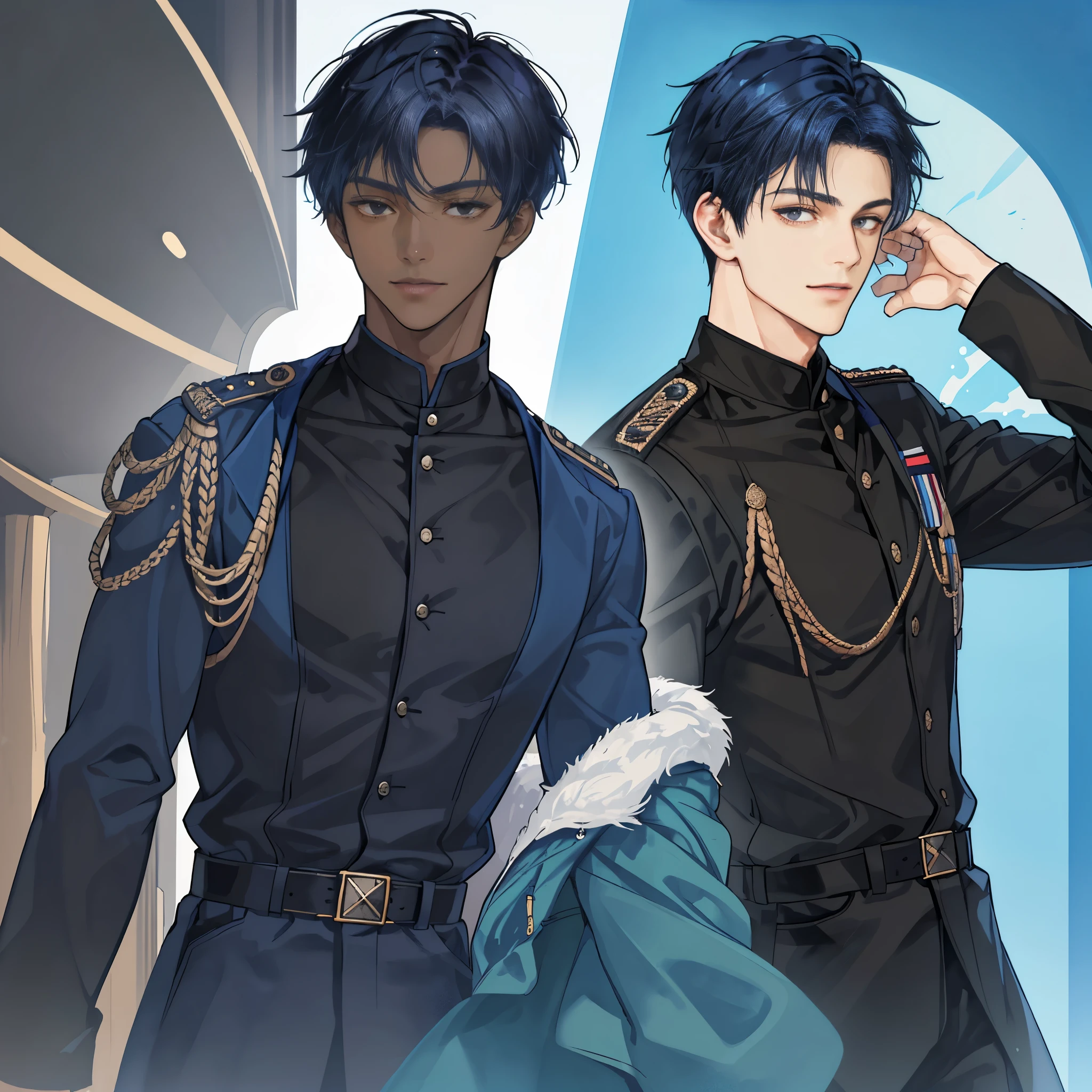 ((portrait)), ((a boy)), ((dark blue hair)), ((short hair)), ((black eyes)), high quality, ((dark skin)), ((military uniform))