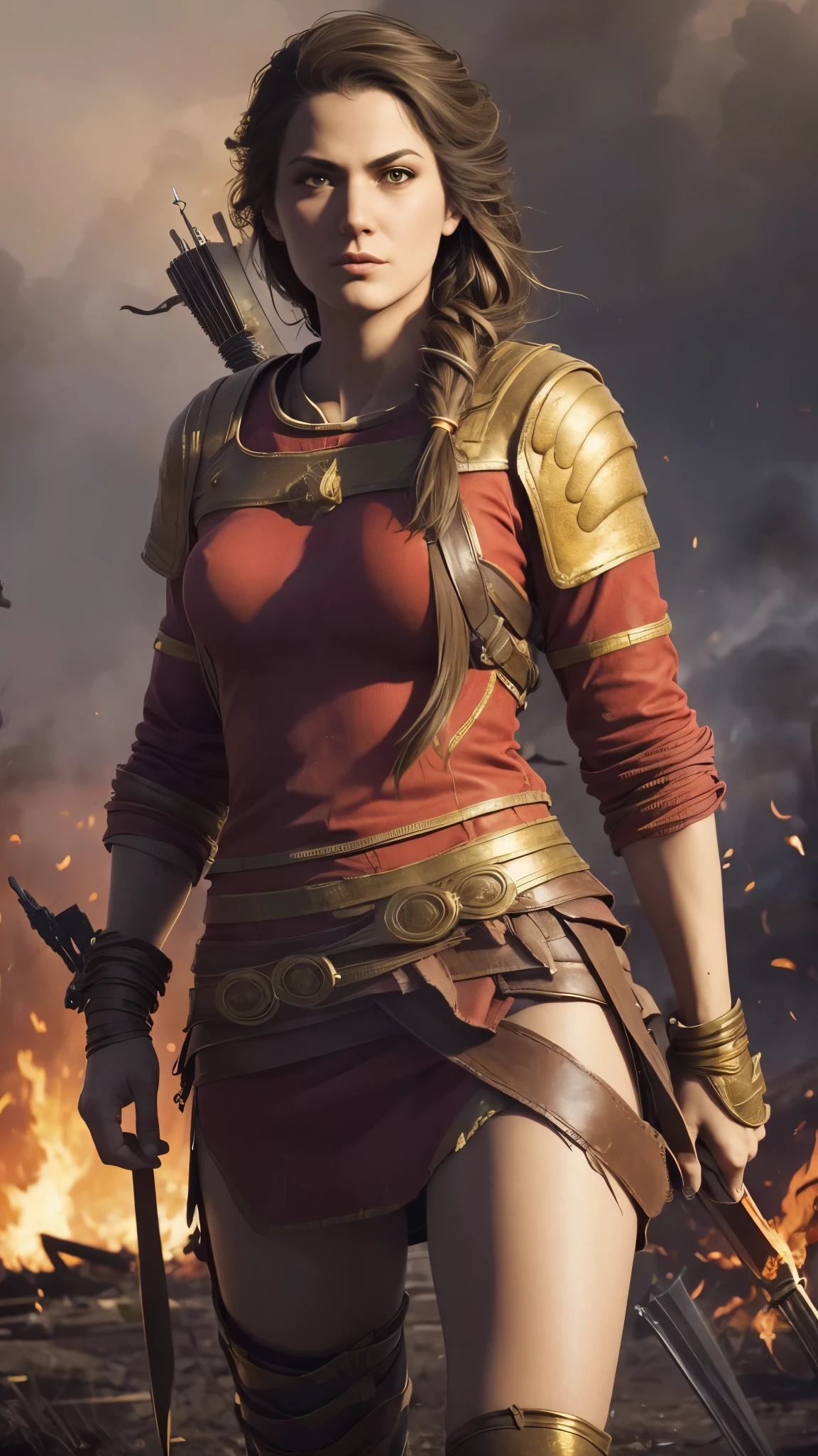 (masterpiece:1.5), (bestquality), (highlydetailed), (ultra-detailed), (1girl:1.2), (full body:1.2), (young girl), (brunette hair), (weapon in hand), (war battle scene), (bloody atmosphere), (smoke), (fire), (corpses), (chaotic background), (explosions), (torn clothing), (determined expression), (sweat and dirt), (injured), (dynamic pose), (broken armor), (burnt landscape), (fighting stance), (smoldering debris), (flames:1.3), (battle cries), (sounds of war:1.1)