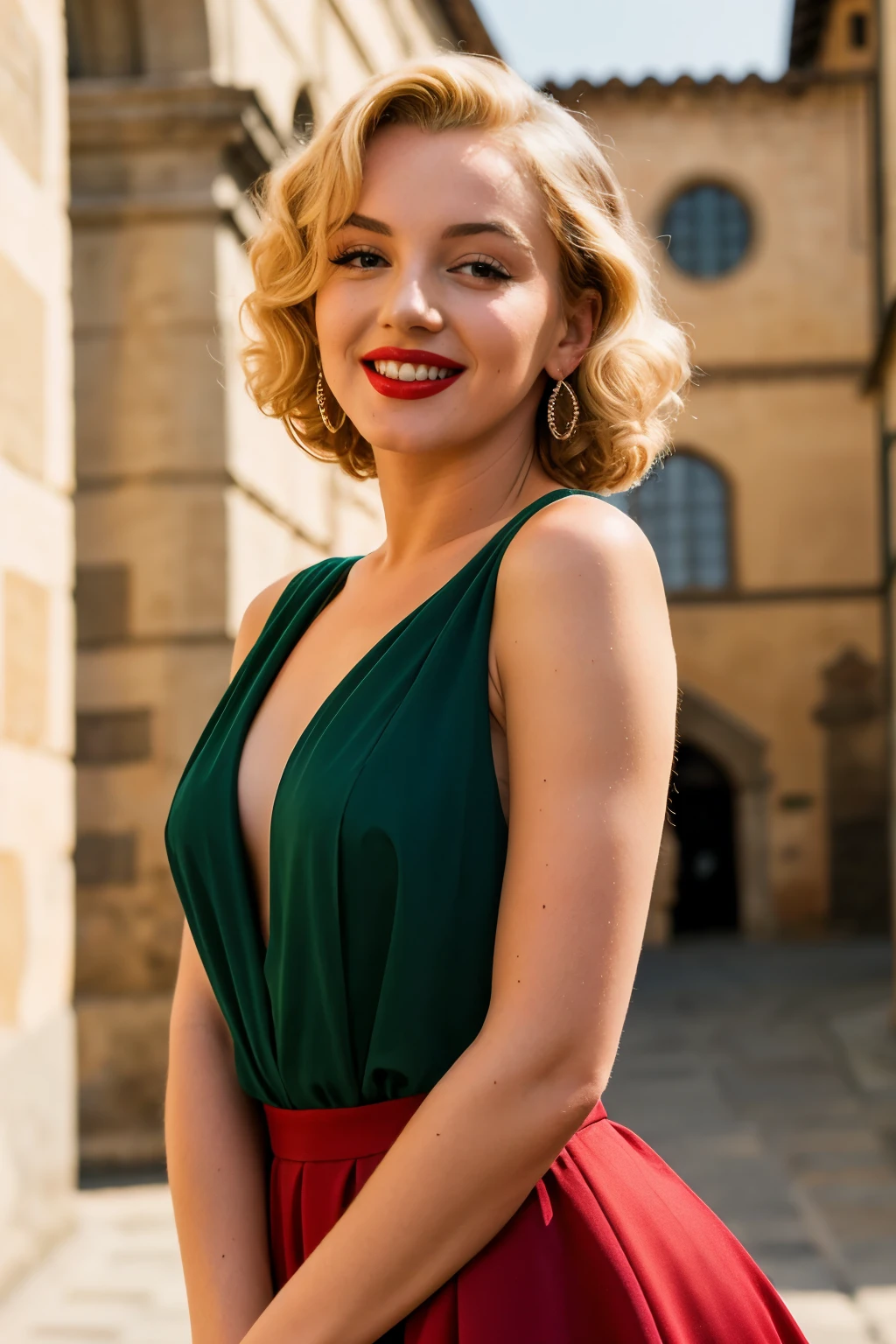 ((best quality)), ((masterpiece)), (detailed), Marilyn Monroe,background Brunelleschi's dome in Florence, makeup, green eyes,teeth, lipstick, red dress, jewelry, beautiful smile