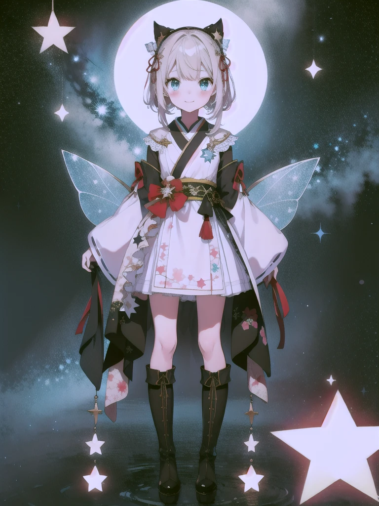 (masterpiece)、(highest quality)、(An illustration)、(Beautiful details)、1 Girl、solo、Looking at the viewer、、Long Hair、blue eyes、smile、vtuber-fullbody、Star Fairy、最高masterpiece、Official Art、Super detailed、super beautiful、かわいいStar Fairy、white straight short hair、Milky Way、universe、star charm、Star、Baby Face、Knee-high boots、Japanese pattern dress、浴衣をリメイクした黒と紺色のuniverseを思わせるOiranフリルドレス、Oiran、Simple Background、green background、