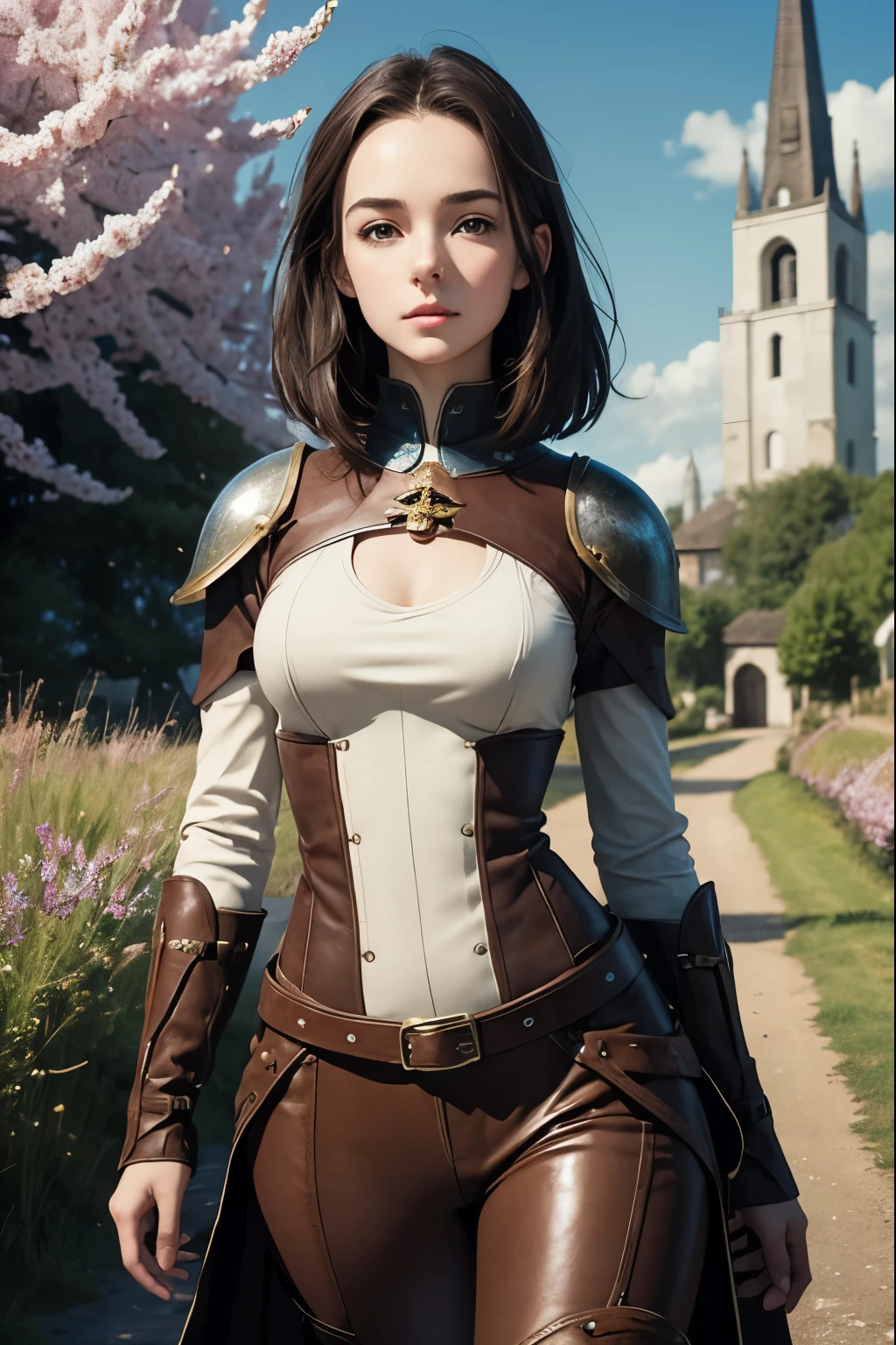 A young female cleric in a fantasy setting. Wearing a clerics chest armor with a holy symbol. Tight brown leather pants. She is rather slim. Very small breasts. Wide hips and long thick legs. Extremly pale skin with liverspots. Dark brown hair. A very very short boyish haircut. Extremly short hair. A narrow soft face. Soft round chin. Rather big forehead. A very long and wide nose. Cute curved lips. Big upturned eyes. Very bright and barley visible eyebrows. Very very thin eyebrows. Pale skin with freckles and liverspots. Long neck. Cute, soft, friendly, shy. Background: A romantic scenery with a beautiful path that leads to a little church. Nice spring weather. Meadow and blue sky. 