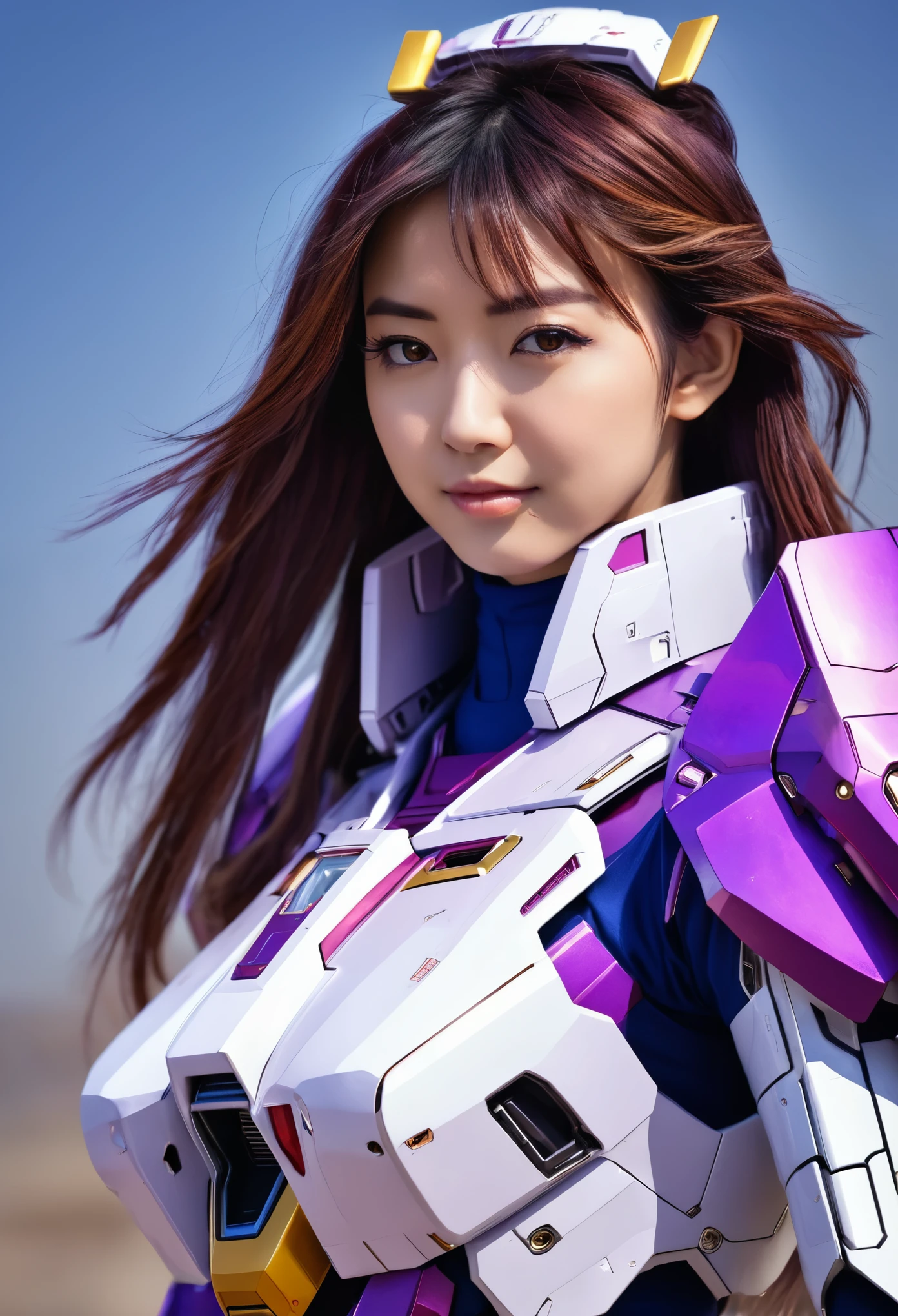 RAW, Masterpiece, Ultra Fine Photo,, Best Quality, Ultra High Resolution, Photorealistic, Sunlight, Full Body Portrait, Stunningly Beautiful,, Dynamic Poses, Delicate Face, Vibrant Eyes, a full body of a woman in a purple and white gundam custume, dybamic pose, long brown very very long hair rapunzel, girl in mecha cyber armor, portrait armored astronaut girl, d. va from overwatch, female mecha, on a gundam, gundam head, chiho aoshima color scheme, mobile suit, streamlined purple armor, fully robotic!! girl, realistic cosplay, gundam armor (dynamic pose) (best cameraview), full body, sit down, full body